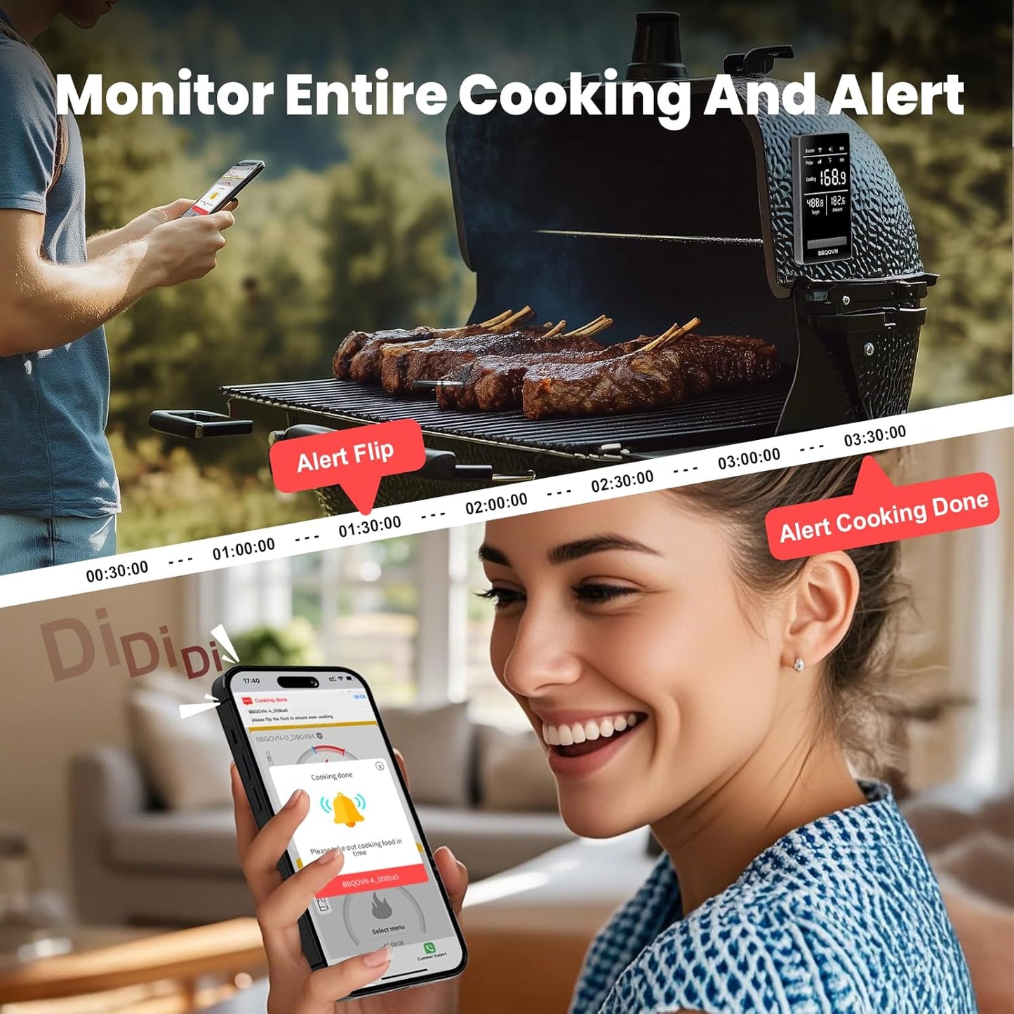 WiFi Sub-1G Wireless Meat Thermometer Unlimited Range 7 NIST Cert.Sensors IP68 With Ambient Temp Accuracy ±0.5°F APP&Magnet Smart Digital Base,Monitor for BBQ, Grill,Oven,Smoker(1,Black,Small)