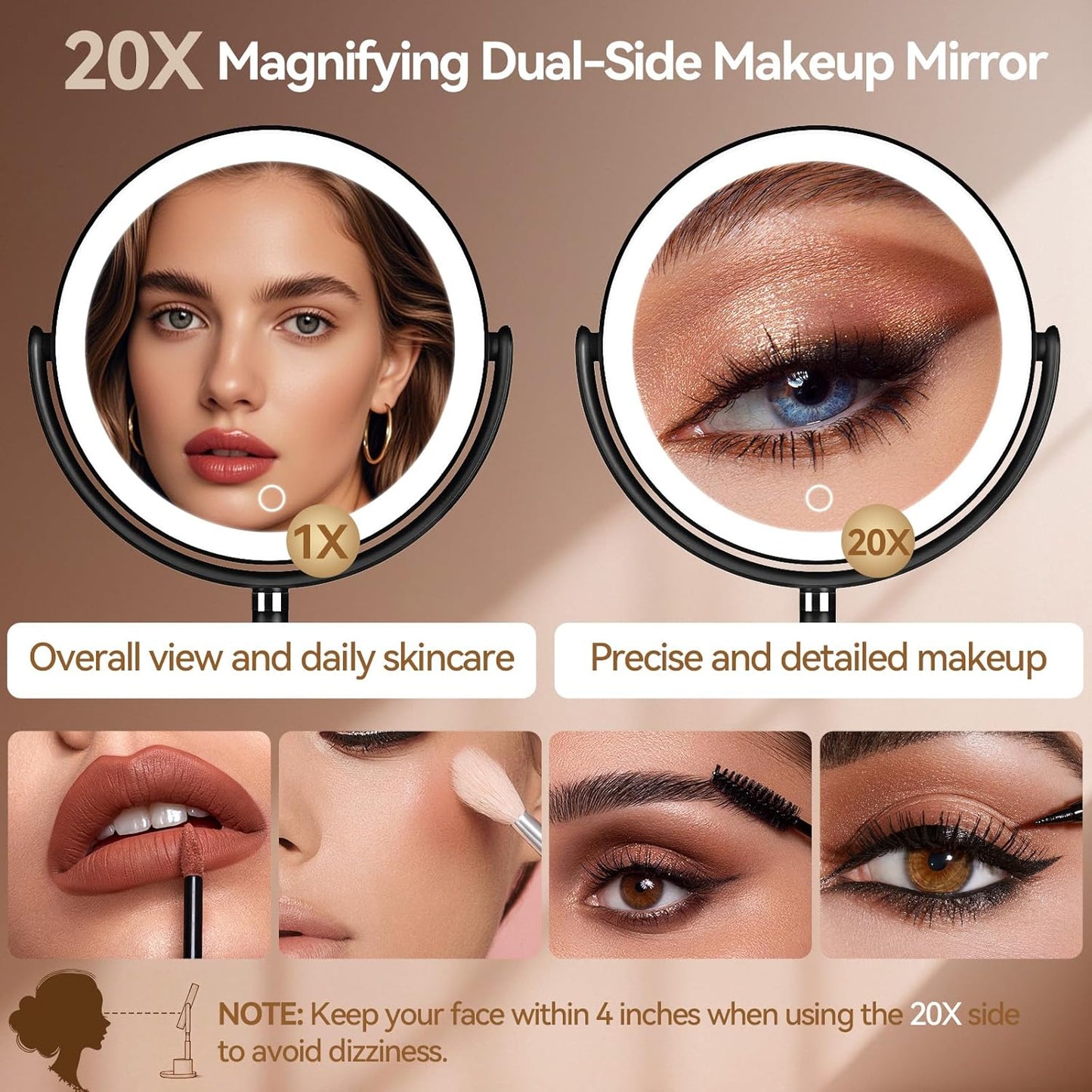 Shinowa Makeup Mirror with Lights, 1X/20X Lighted Magnifying Mirror with Storage for Makeup & Jewelry, 2-Sided Height Adjustable Vanity Mirror with 3 Color Lights, 360° Rotation & Rechargeable, Black