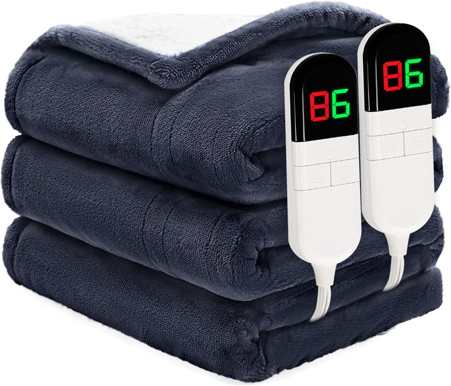 Heated Blanket Queen 84"×90" - Premium Cosy Soft Electric Blanket with 6 Heating Levels,Dual Control Fast Heating Flannel Sherpa Blanket for Bed & Couch,Auto Shut Off/Machine Washable (Navy Blue)