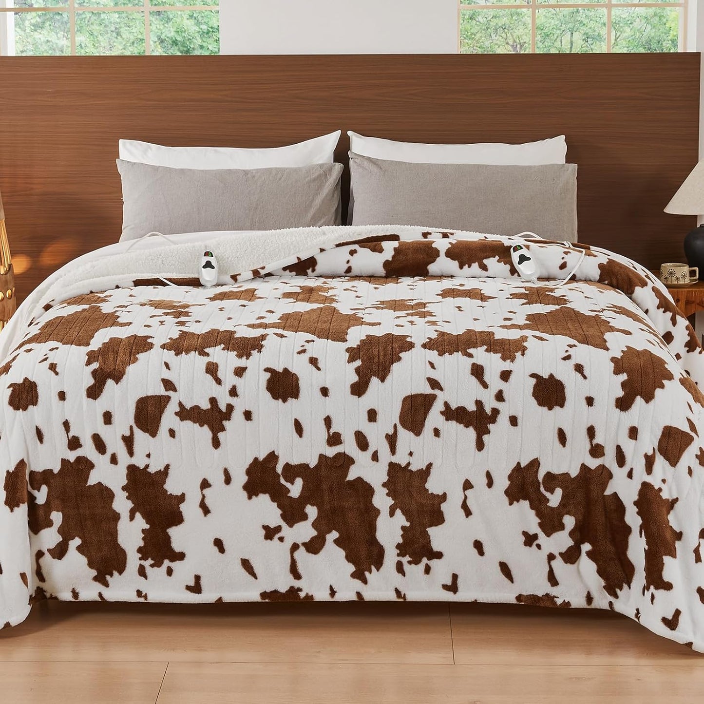 Cow Print Electric Heated Blanket Queen Size,84X90 Brown Heating Blanket Queen With Dual Control&Timer&10 Heat Levels,Highland Cow Decor Fleece Sherpa Blankets Warmer Gifts for Bed Women Adults