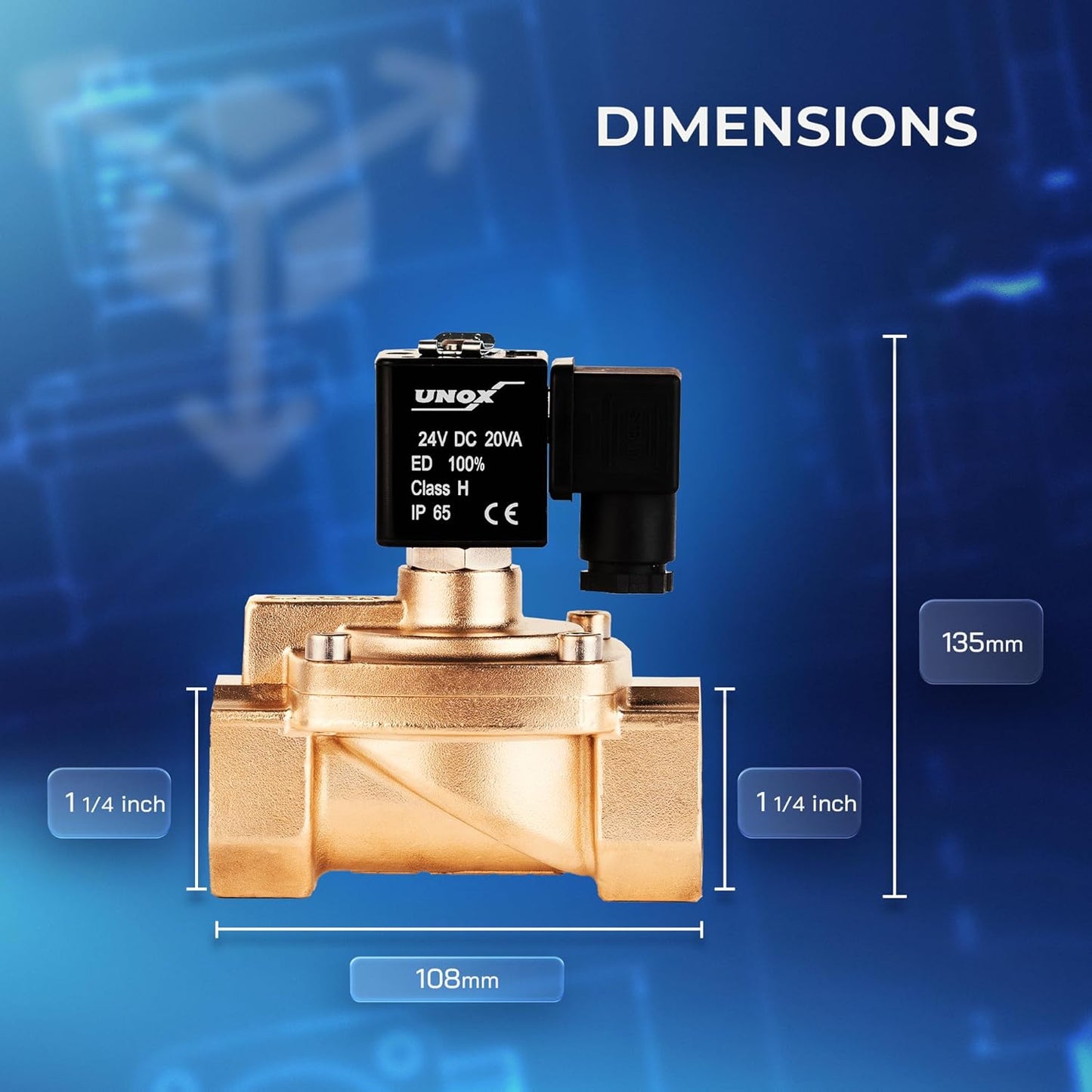 UNOX 1 1/4" NPT Solenoid Valve 24V DC, Brass Control Valve Normally Closed - 7-232 PSI Multi-Purpose Reliable Control Valve for Water, Air, and Gas - Solenoid Valves
