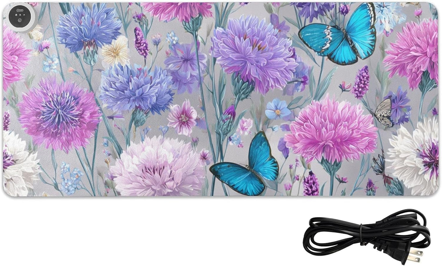 Heated Desk Pad Mouse Pad 31.5x13 Inch PU Leather Desk Mat with 3 Heat Levels Large Mouse Gaming Computer Laptop Mat Grey Pink Corflower Butterfly