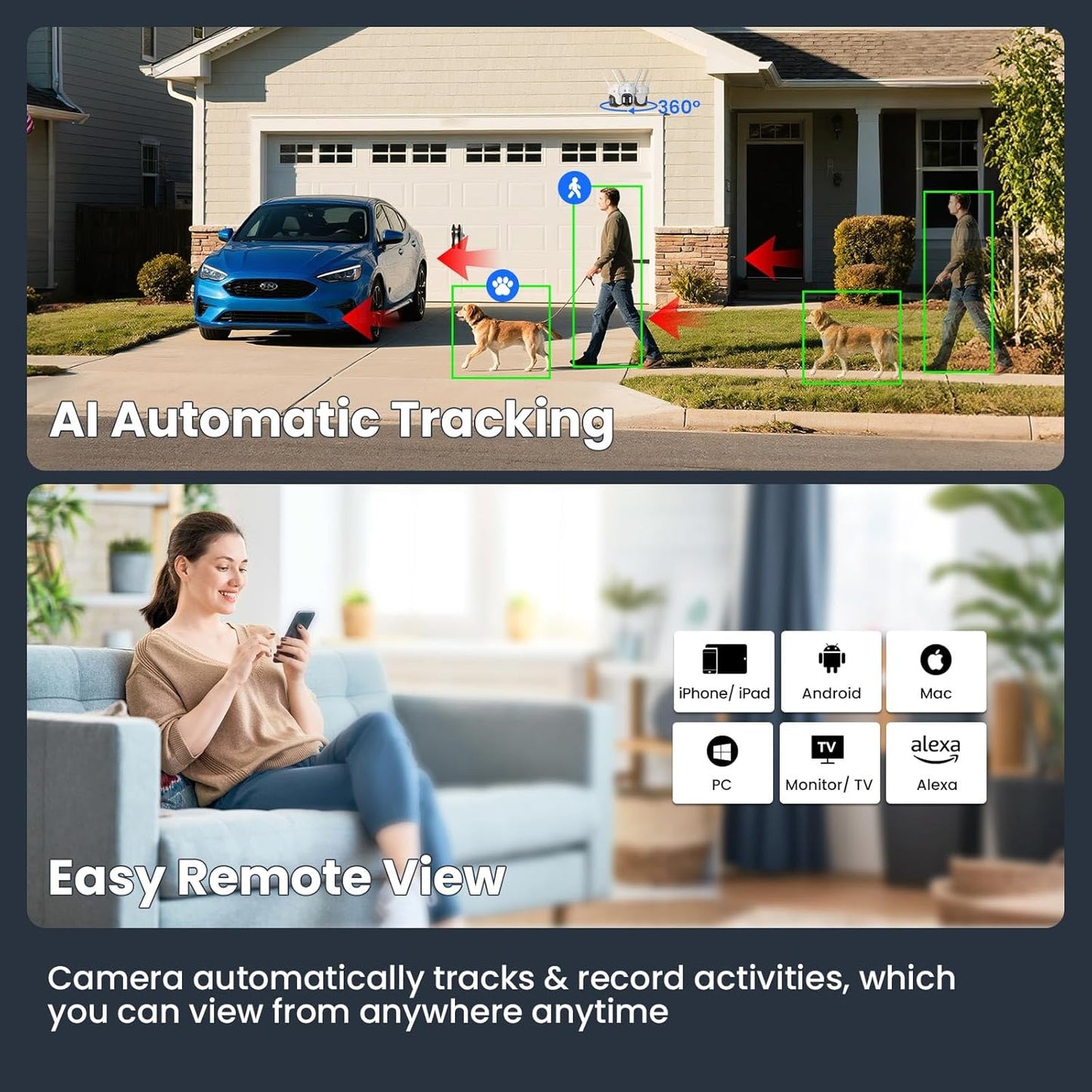 XMARTO 10X Zoom Security Camera, 2K HD 24/7 Recording Security Camera System with Auto Tracking, Wireless PTZ Home Security System for Indoor Outdoor Surveillance, Motion Detection, 2-Way Audio