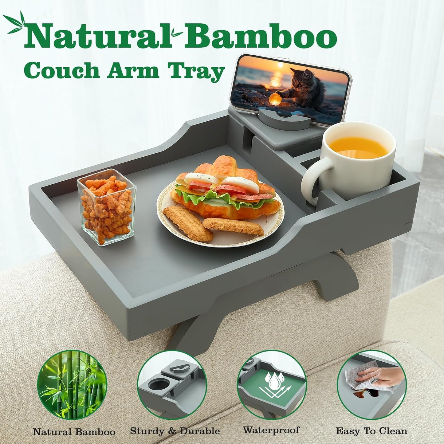 Couch Cup Holder, 4-in-1 Side Couch Arm Tray with Phone Holder, Sofa Clip on Side Table for Wide Couches Arm, Suitable for Home Drinks/Remote/Snacks-Grey