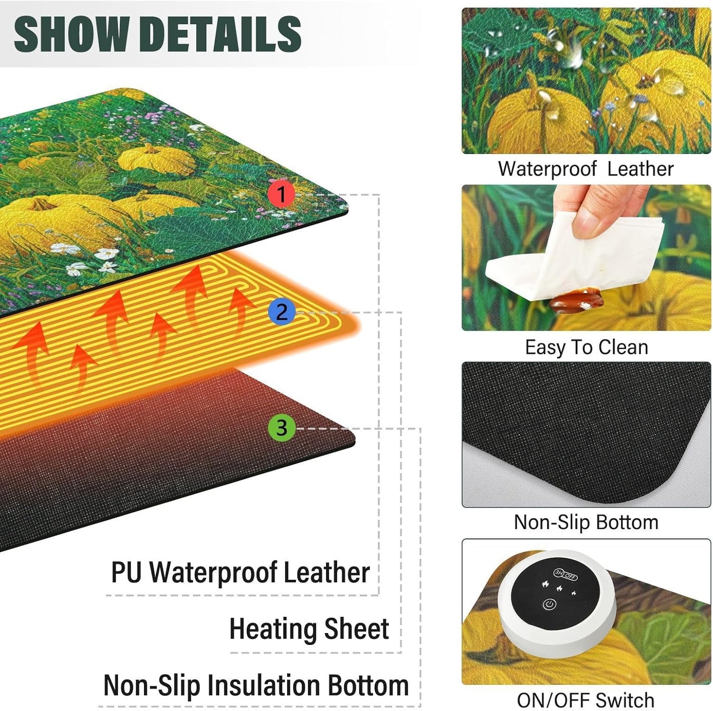 Heated Desk Pad Mouse Pad 31.5x13 Inch PU Leather Desk Mat with 3 Heat Levels Large Mouse Gaming Computer Laptop Mat Yellow Pumpkin Flower Tree