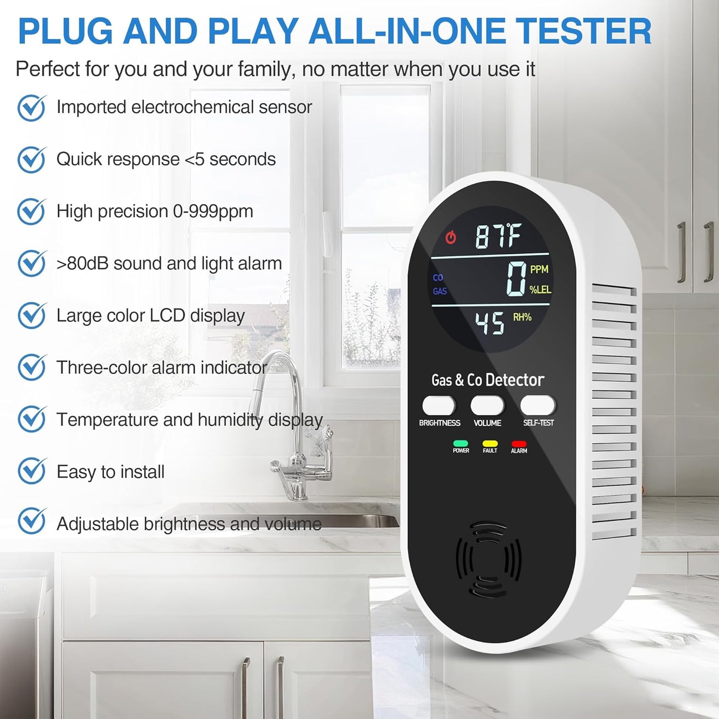 5-in-1 Carbon Monoxide Detectors Plug in with Battery Backup – Natural Gas, Methane & CO Alarm with Dual Sensor, Temperature & Humidity Display for Home, RV, Travel, 3 Packs