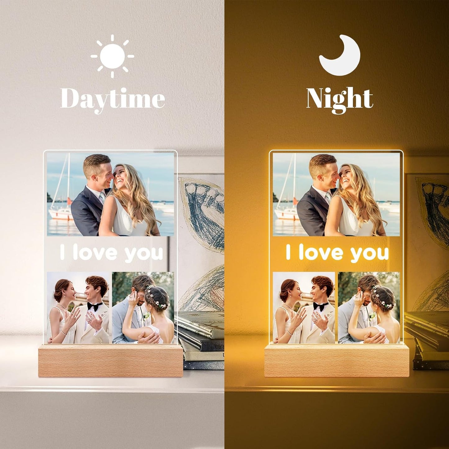 Custom Picture Frames with Photo, Personalized Photo Frame with Night Light, Customized Gifts for Girlfriend Boyfriend, Personalized Anniversary Valentines Day Gifts for Women Men Her Him Couple