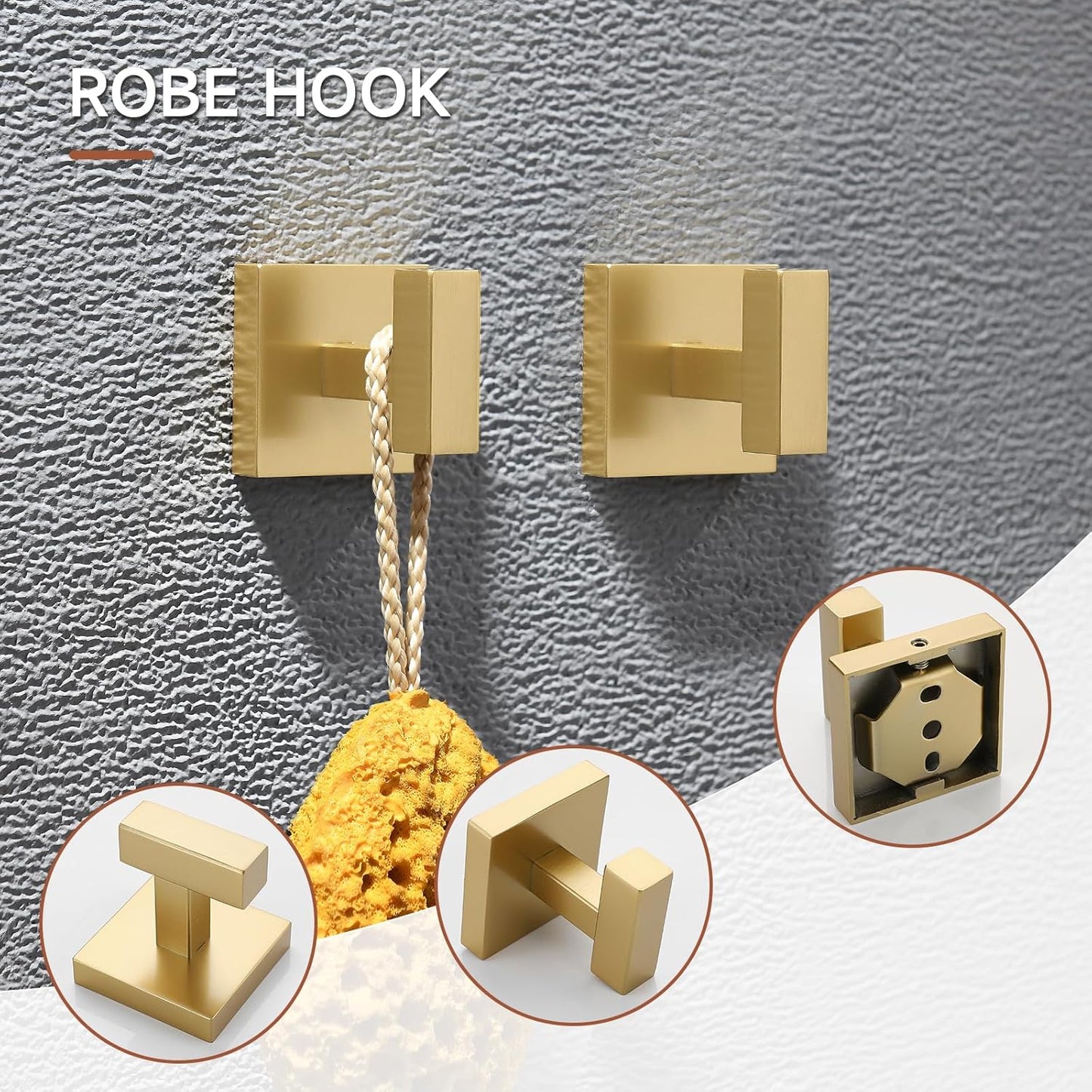 TQKAG Brushed Gold Bathroom Hardware Accessories Set 10 Pieces, 23.6" SUS304 Stainless Steel Towel Bar Set Wall Mounted Includes Single Towel Bar, Towel Ring, Toilet Paper Holder, Double Towel Hooks