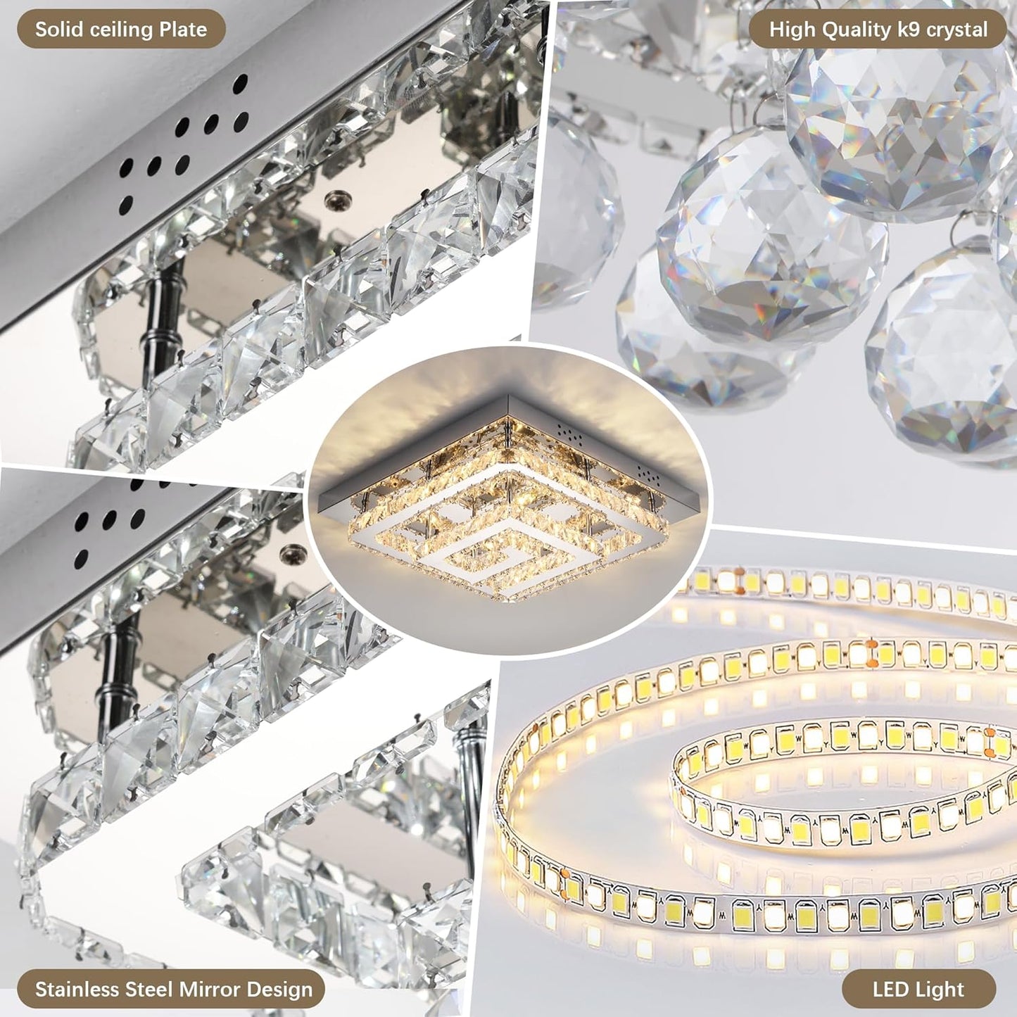 25" Modern Crystal Chandelier with Remote/App Control, Dimmable Flush Mount Ceiling Light Fixture, 3-Color Temperature, Led Ceiling Lamp for Living Room Bedroom Kitchen Dining Room Entryway