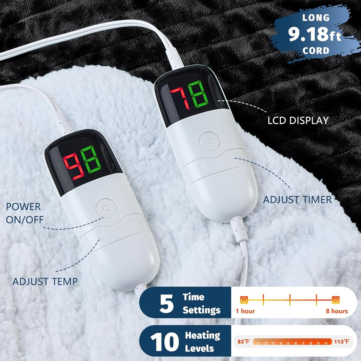 Heated Electric Blanket King Size - 90" x 100" Heating Blanket with Dual Control, 10 Heating Levels & 8 Hours Auto Off, Soft Warm Flannel Blanket, Christmas Birthday Gifts for Senior Grandma