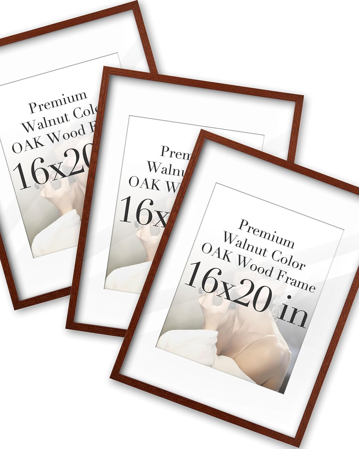 iHery Standard 16x20in Premium Truly Natural OAK Wood Walnut Color Picture Frame with 2 Mats (11x14,16x20), Acrylic Glass Thickened Backboard, Minimalist Photo Frames Narrow Border Set of 3