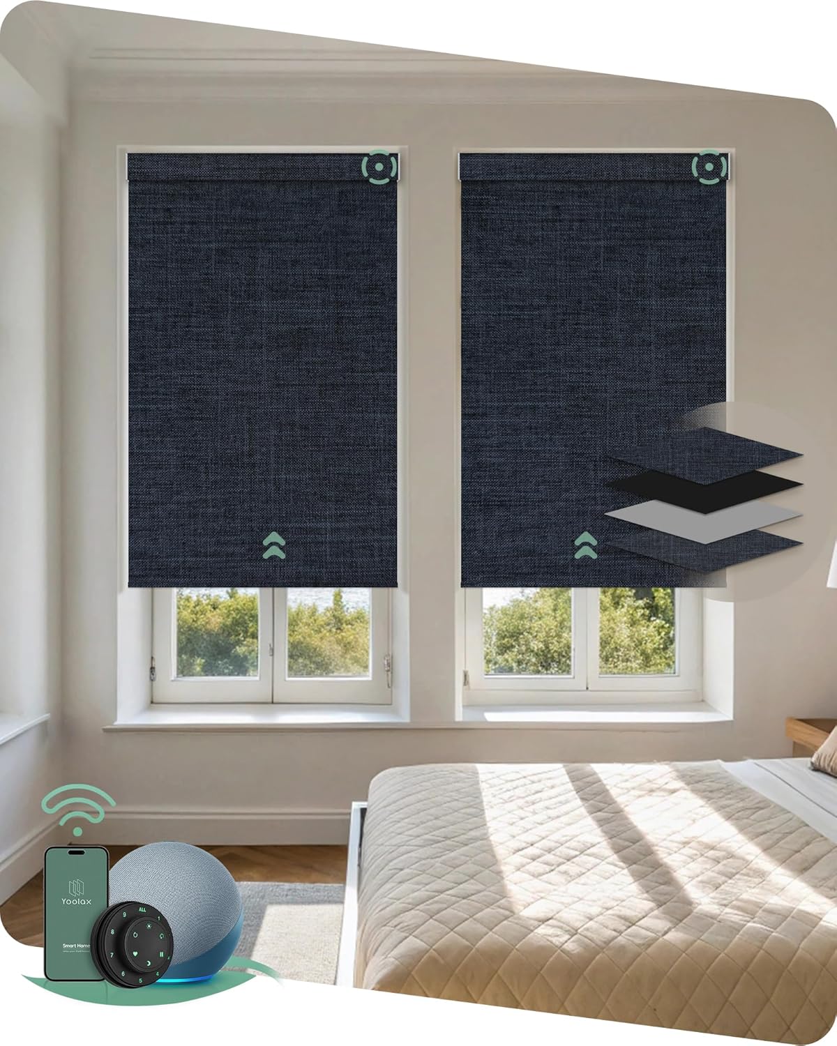 Yoolax Motorized Blinds with Remote, Blackout Smart Blinds Motorized Fabric Roller Shades Work with Alexa, Automatic Shades for Windows Custom Size (Navy Blue)