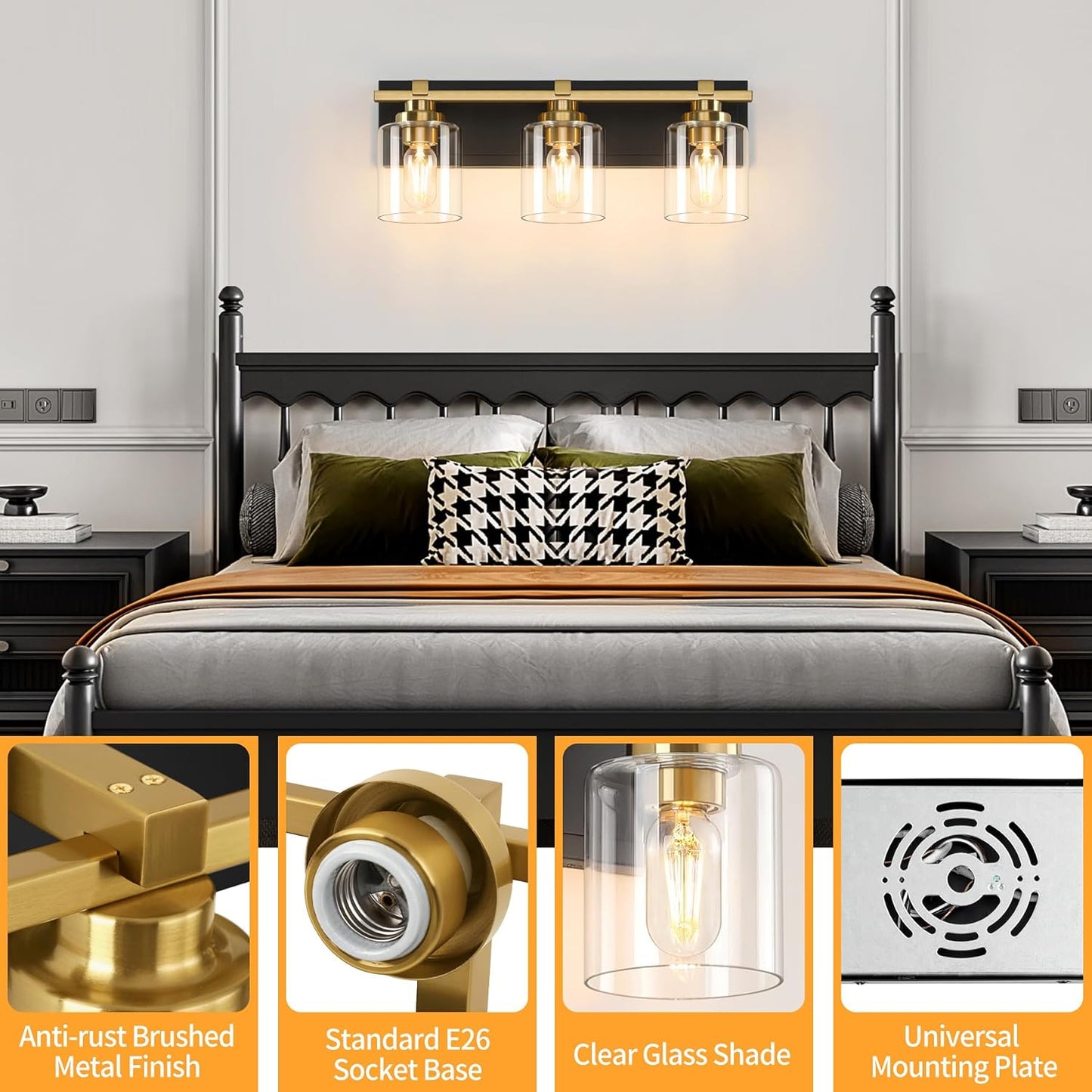 3 Light Modern Bathroom Light Fixtures Over Mirror, Black Gold Vanity Lights for Bathroom Wall Sconces with Clear Glass Shades, E26 Socket (Bulbs Not Included)
