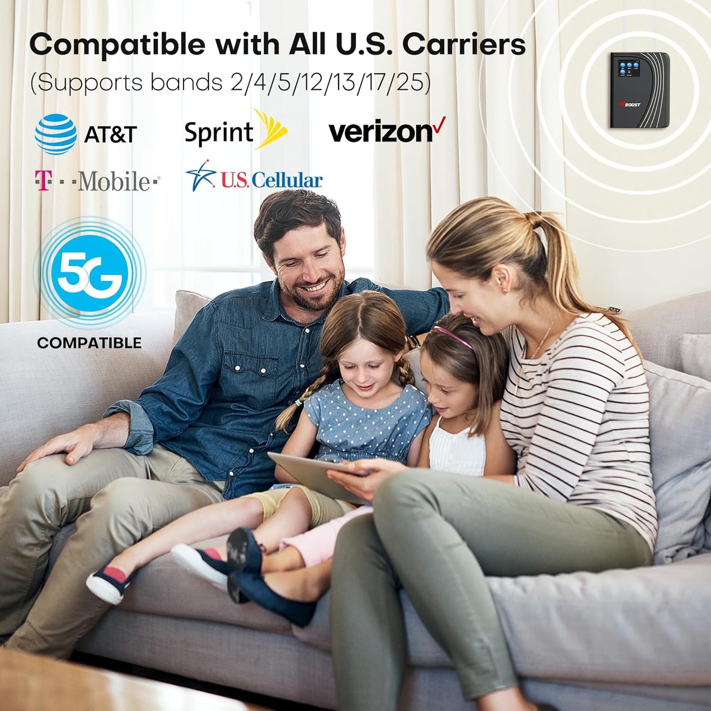 Cell Phone Booster for Home Office, Cover to 8,000 Sq Ft Signal Booster 4G LTE Compatible 5G with LCD Touch Screen 70dB Gain for All U.S. Carriers Verizon, AT&T, T-Mobile, App Support, FCC Approved