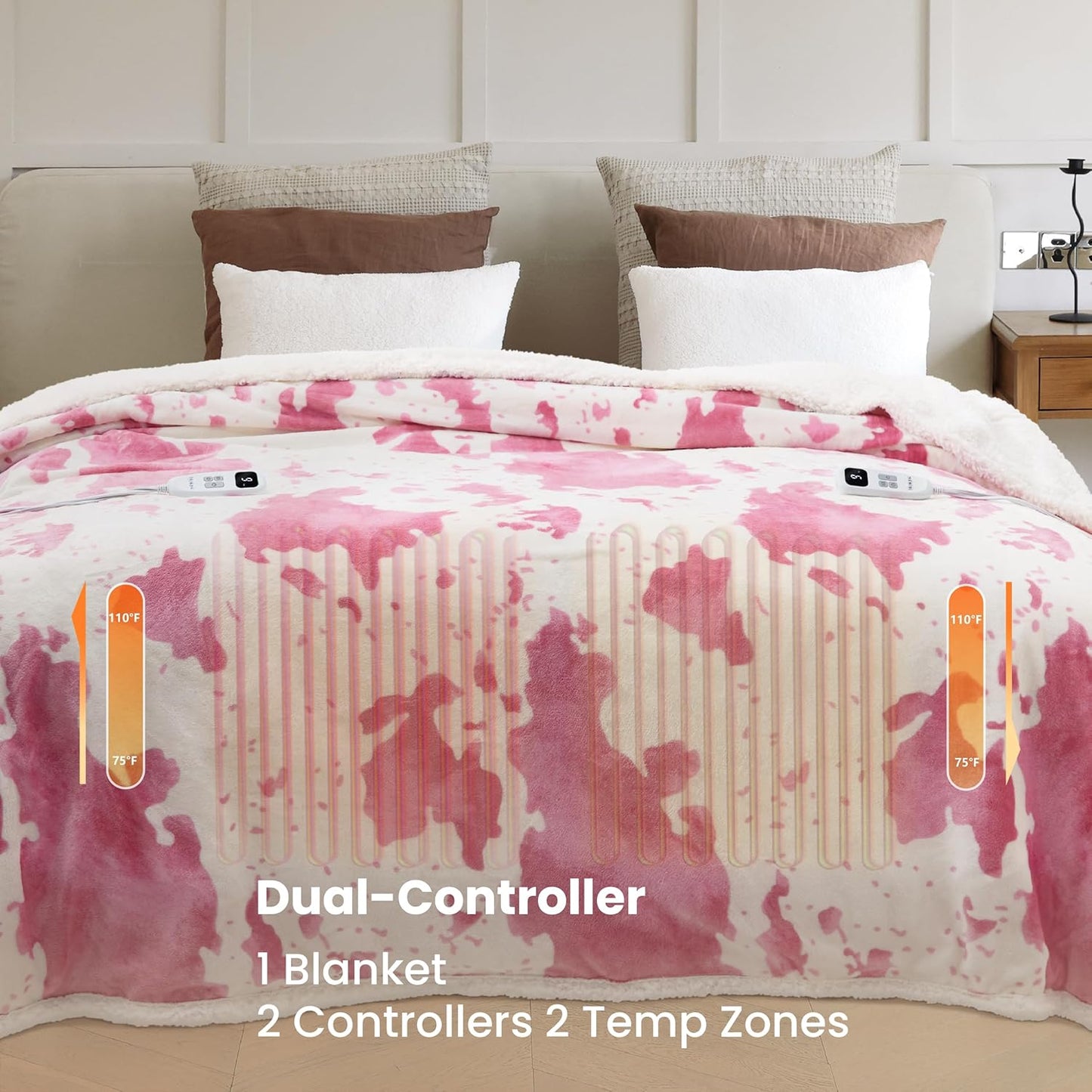 Cow Print Electric Heated Blanket Queen-Heating Blanket Queen Size with 10 Heat Levels & 10 Hours Auto-Off, Cozy Soft Fleece Sherpa, Washable, 84x90 Inches Cow Print Pink