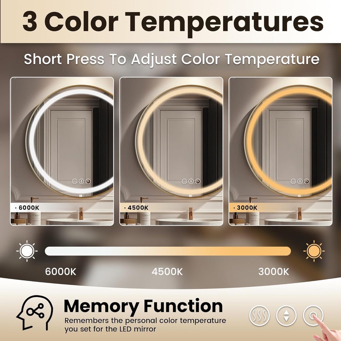 Gold Round Mirror 32 Inch, Metal Framed Frontlit Bathroom Mirror, Circle Mirrors for Wall, Led Light Mirror with Anti-Fog, Memory Function, 3 Color Temperature, Makeup Mirrors Dimmable