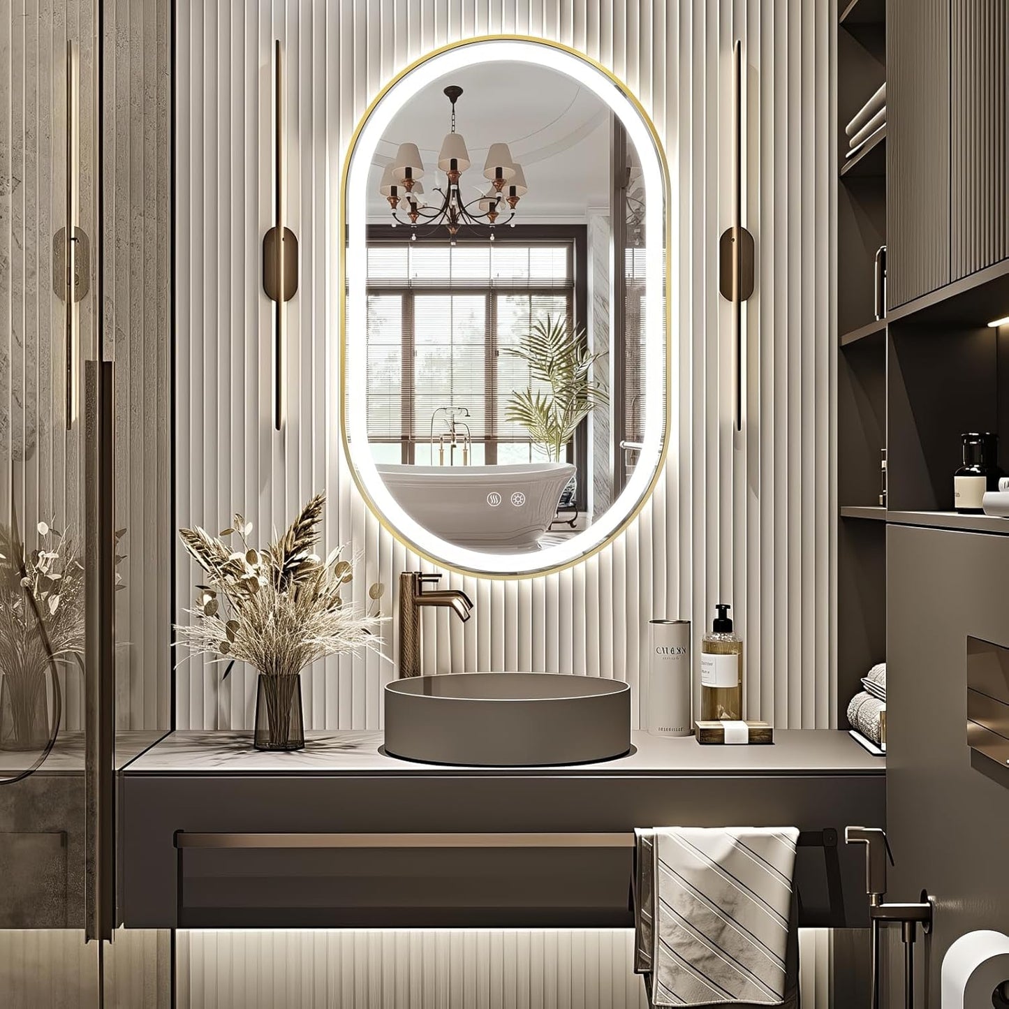 Niccy Oval LED Mirror for Bathroom, 40x24 Front Lit + Backlit Vanity Mirrors with Light Anti-Fog, Shatter-Proof, 3 Colors, Makeup Mirror with Old Gold Frame (Horizontal/Vertical)