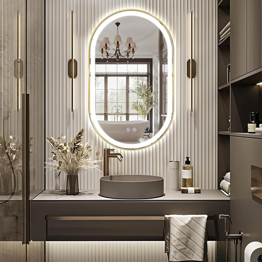 Niccy Oval LED Mirror for Bathroom, 40x24 Front Lit + Backlit Vanity Mirrors with Light Anti-Fog, Shatter-Proof, 3 Colors, Makeup Mirror with Old Gold Frame (Horizontal/Vertical)