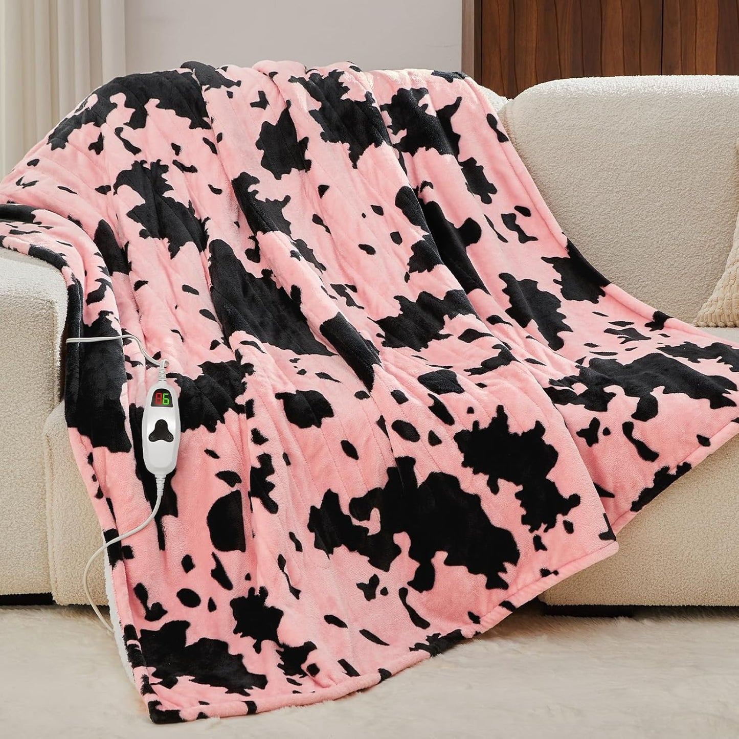 Cow Print Heated Electric Blanket Twin Size,62X84 Light Pink Heating Blanket with 10 Heats Levels & 8 Hours Auto Off,Highland Cow Fleece Sherpa Blankets Warmer Gifts for Women Adults,Washable