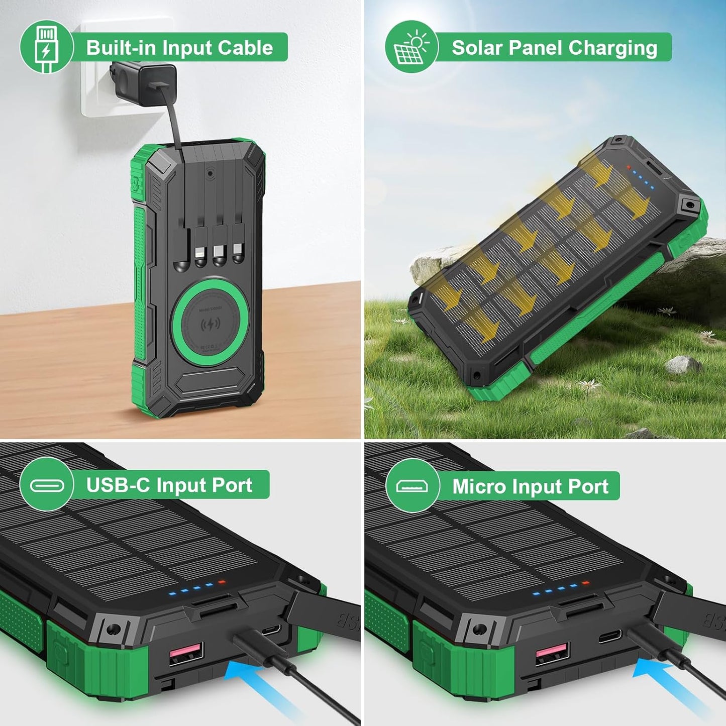 Solar Charger Power Bank 49800mAh Portable solar panels QC 3.0 22.5W Wireless Fast Charging with 6 Outputs for Cell Phones, Built in 4 Cables,USB C Waterproof Battery Pack for Camping,LED Flashlight