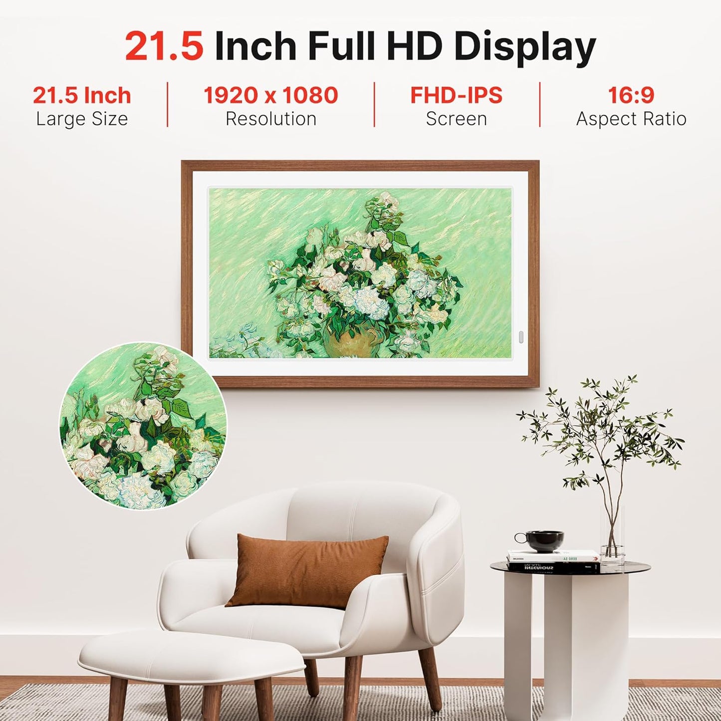 Uhale 21.5" Large Digital Picture Frame with Remote Control, 1920 x 1080 FHD IPS Display Wood WiFi Photo Frames 64GB, Wall Mounted, Auto Rotate, Support USB and SD Card, Instantly Share Photos Videos