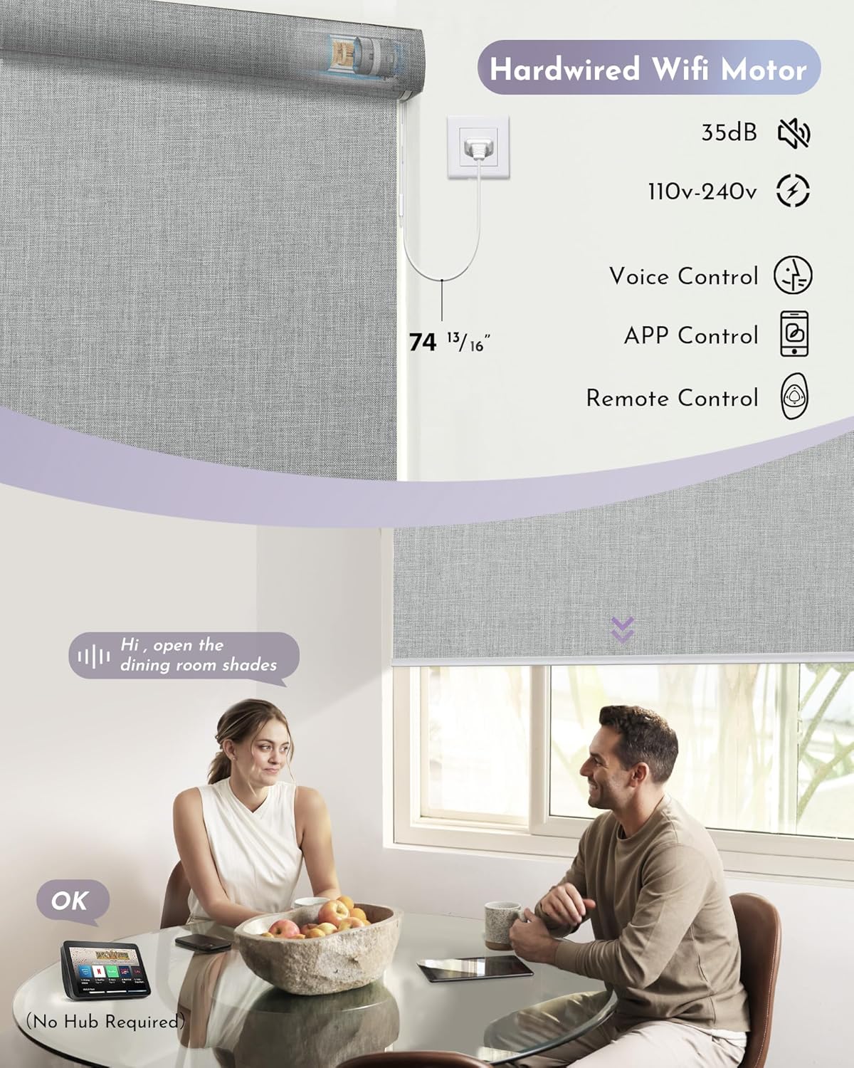 Graywind Smart Blackout Roller Shades Compatible with Alexa Google WiFi Hardwired Triple Weaved Fabric Motorized Blinds Remote Window Shades, Custom Size (Cloudy Grey)