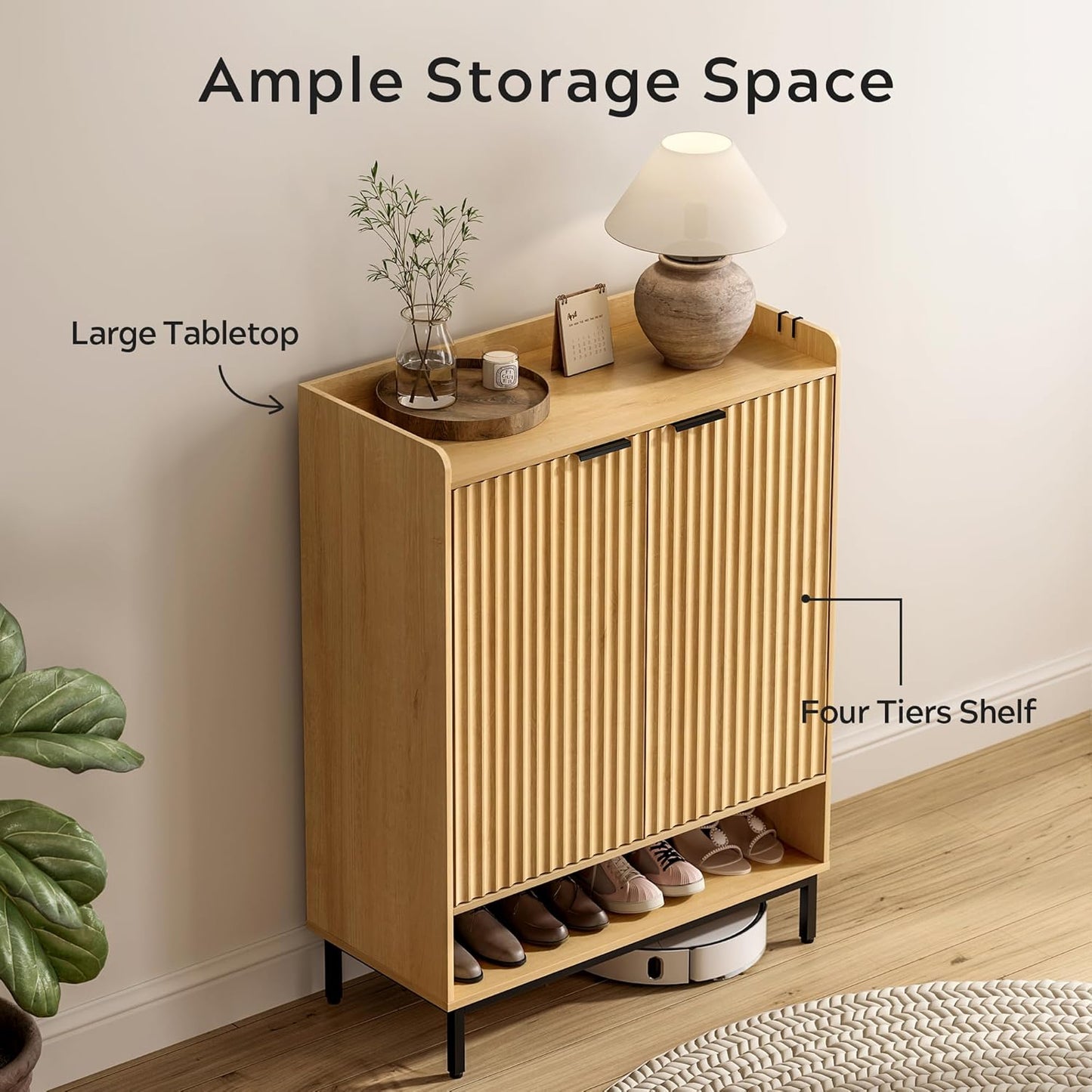 Large Shoe Cabinet with Doors Set of 2, Fluted Wooden Storage with Adjustable Shelves, Hanging Rod Modern Tall Freestanding Shoe Rack Organizer for Entryway, Hallway Natural Oak