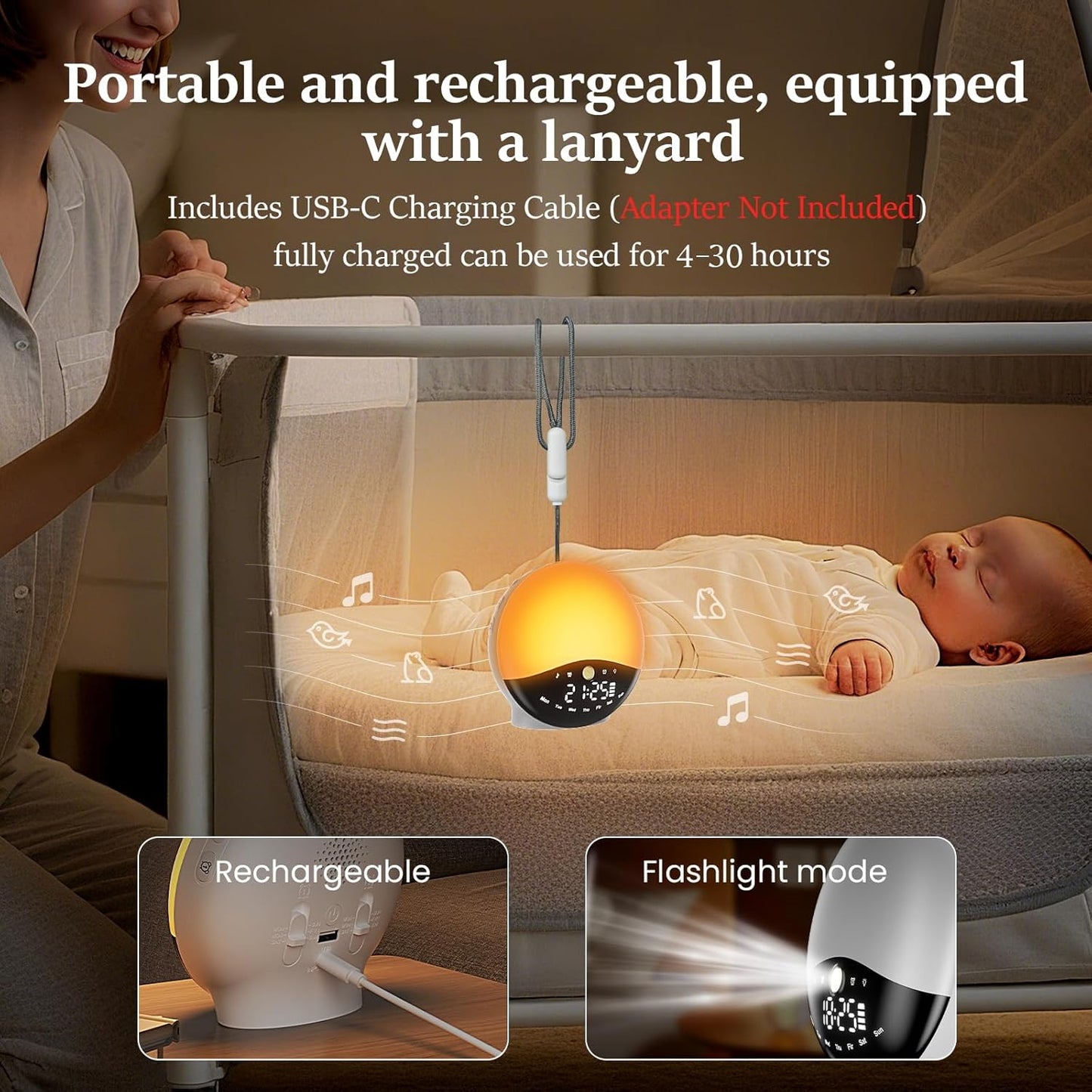 Wake Up Light Sunrise Alarm Clock for Bedrooms, Rechargeable Sound Machine Night Light, 28 Sleep Sounds, 12 Colors, Dual Alarms, White Noise Sound Machine for Baby and Adults