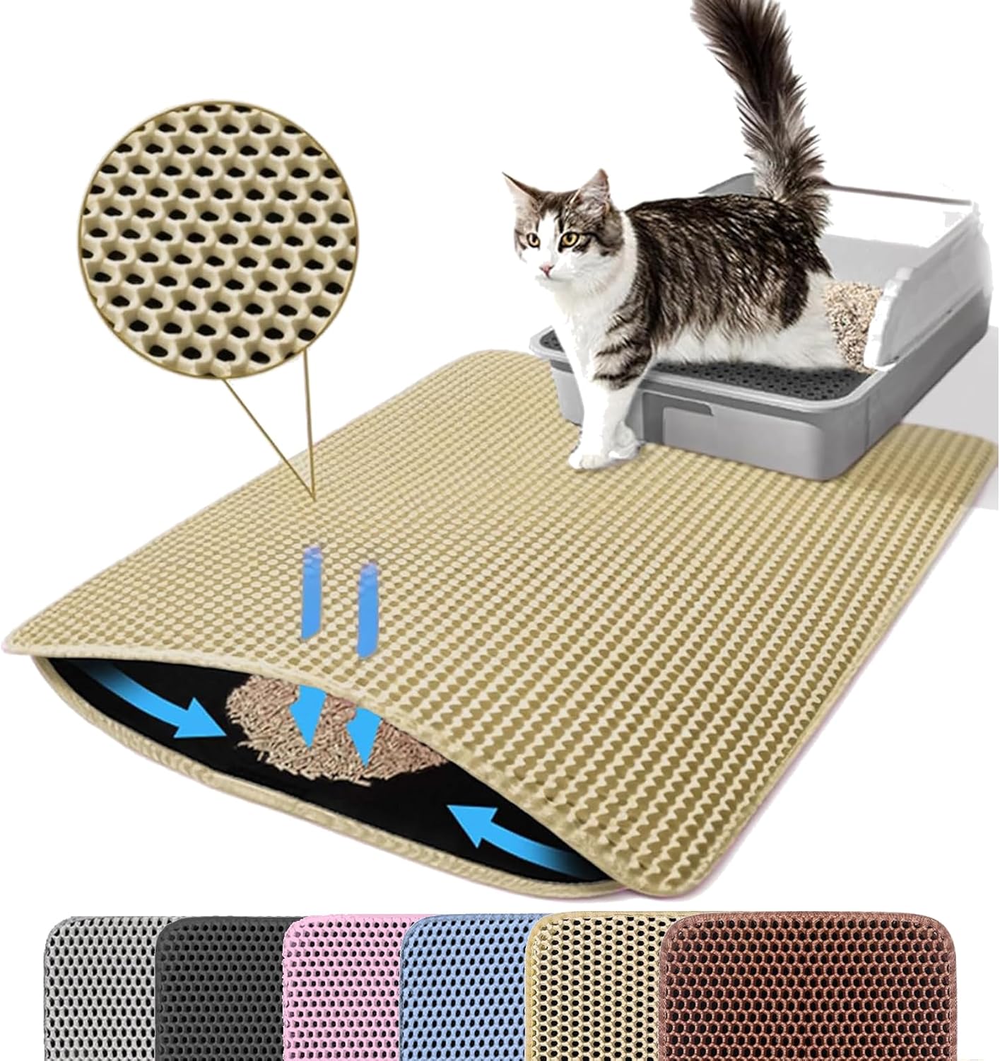 Extra Large Cat Litter Mat, 30x22 Inches Honeycomb Double Layer Cat Litter Trapping Mat, Non Slip Waterproof Urine Proof Large Kitty Litter Box Mat for Floor, Kitten Supplies, XL, Beige