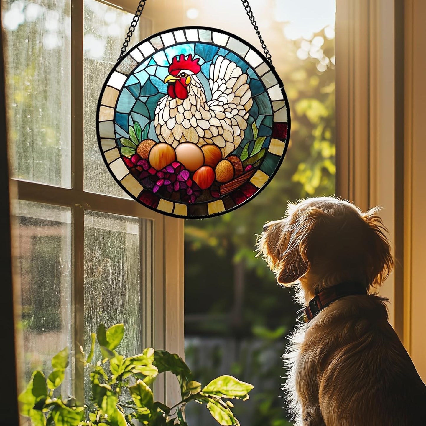 Stained Glass Window Hanging White Chicken Hatching Eggs 6.3" - Suncatcher Door Garden Sunroom Sun Catcher Home Decor Birthday Christmas for Mom Men Woman Nana