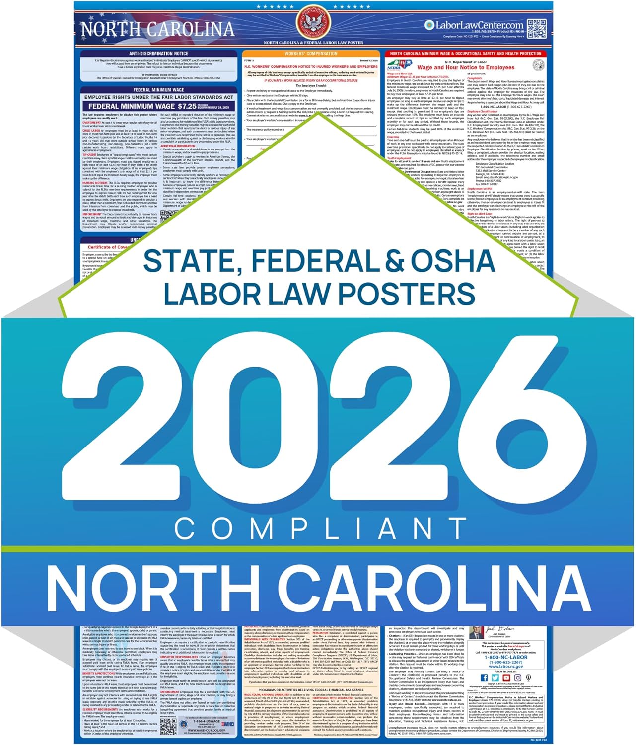 North Carolina 2026 Labor Law Poster – State & Federal Compliance – OSHA, EEOC, FMLA, Minimum Wage – Durable, Laminated & Waterproof Workplace Employment Poster – Made in USA – 26” x 39.5”
