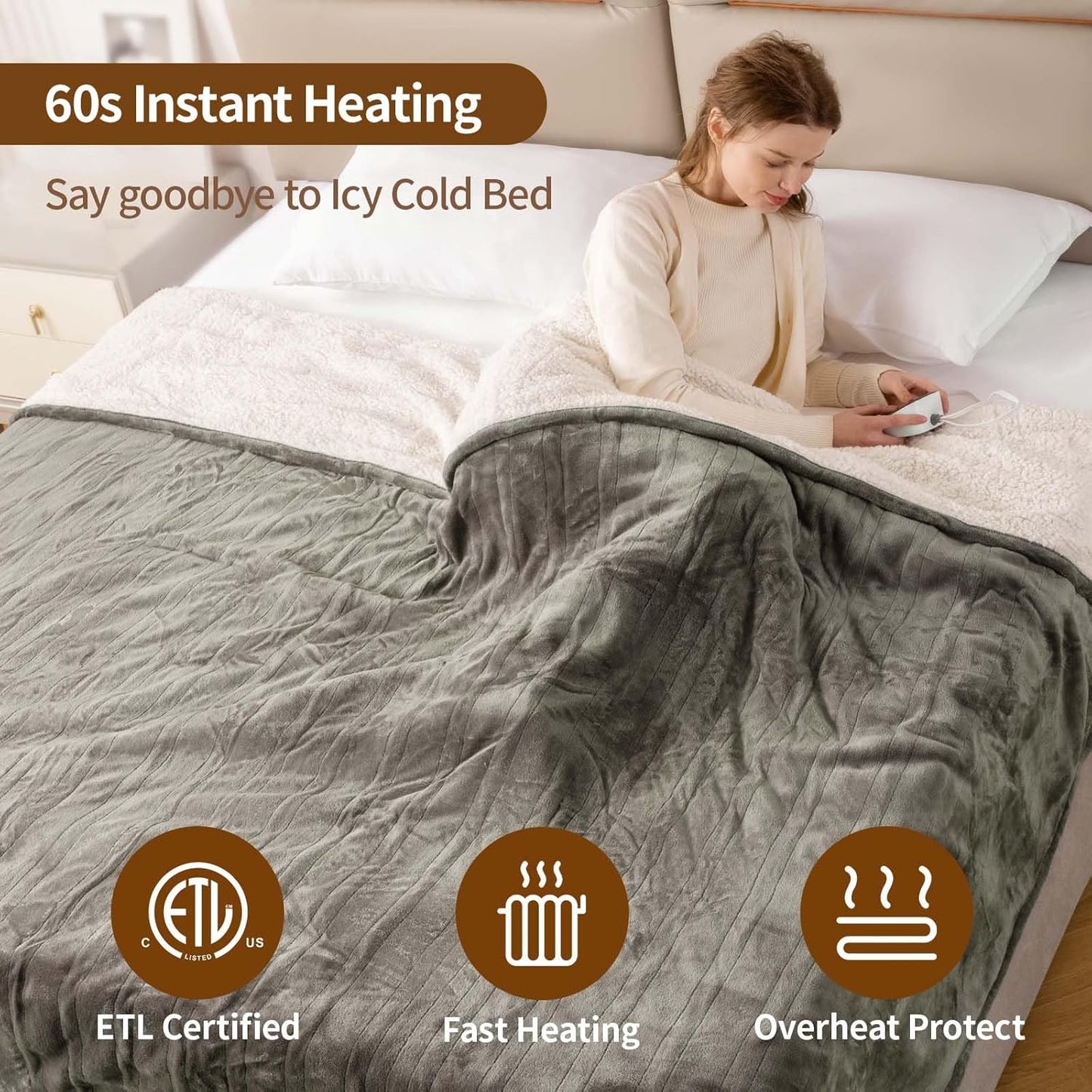 Bearhug Electric Heated Blanket Heating Blanket Queen Size 84"x 90" Warm Throw Gift Dual Controllers Velvet & Sherpa, 10 Levels & 0.5-12H Auto Off, Over-Heat Protect, ETL, Machine Washable