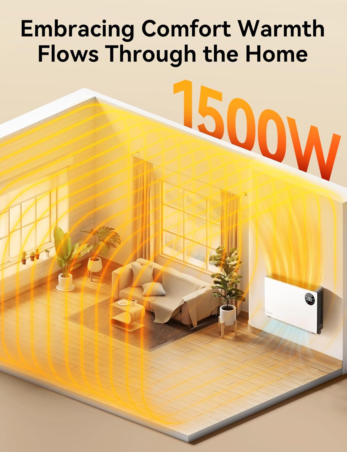 GiveBest Super Quiet Wall Heaters for Indoor Use, Baseboard Design Space Heater, Adjustable Thermostat, Child Lock, 12H Timer, 1500W Easy-mounted Electric Smart Heater for Bedroom Living Room Garage