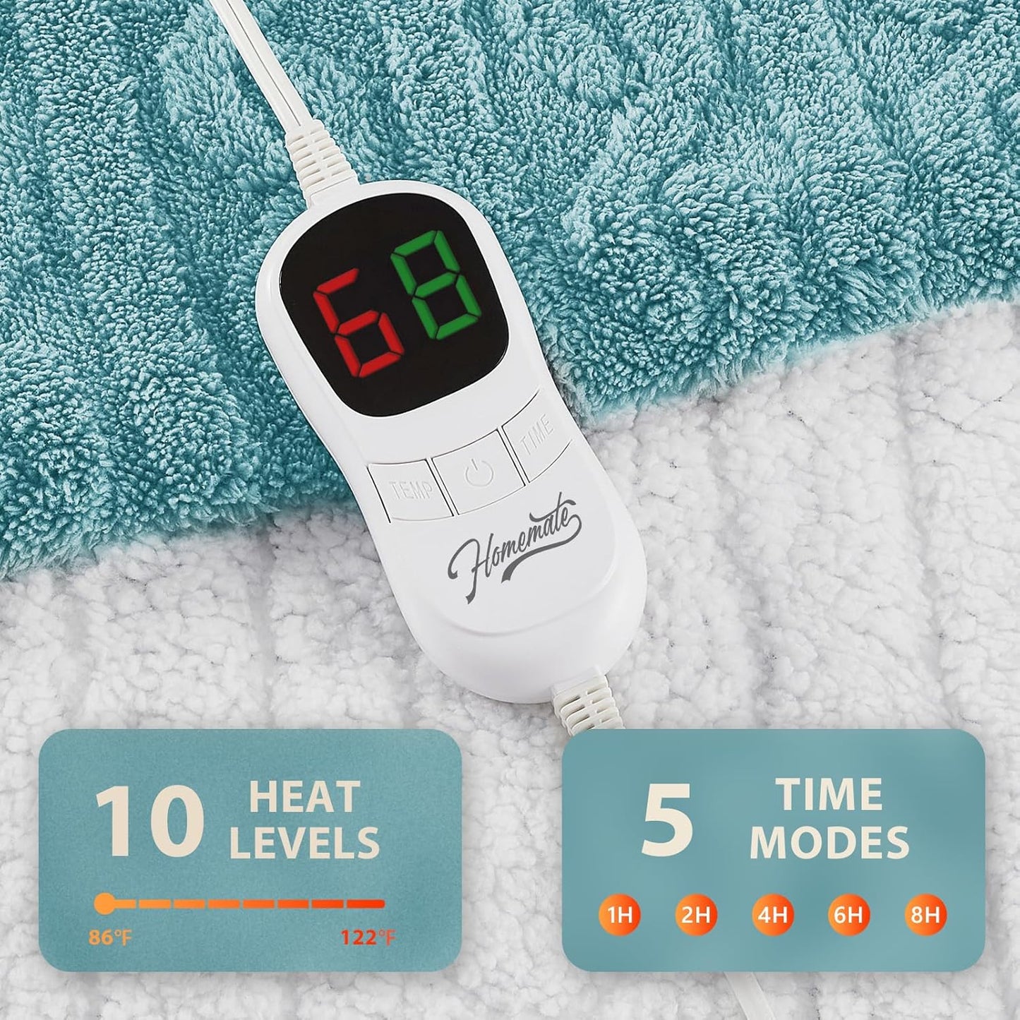 Homemate Electric Heated Blanket Twin - 62"x84" Heating Bed Blankets Throw with 10 Heating Levels 8 Hours Auto Off Fast Heating Over-Heated Protection Ultra Soft Warm Flannel ETL Certified