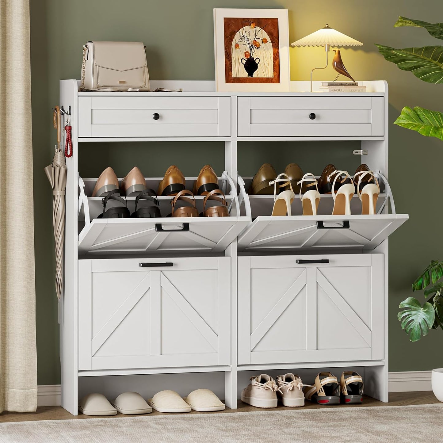 Shoe Storage Cabinet for Entryway, Farmhouse Wide Shoe Cabinet with 4 Flip Drawers and 2 Top Drawers, Freestanding Organizer with Adjustable Shelves, Hooks, and Anti-Tip Kit for Hallway