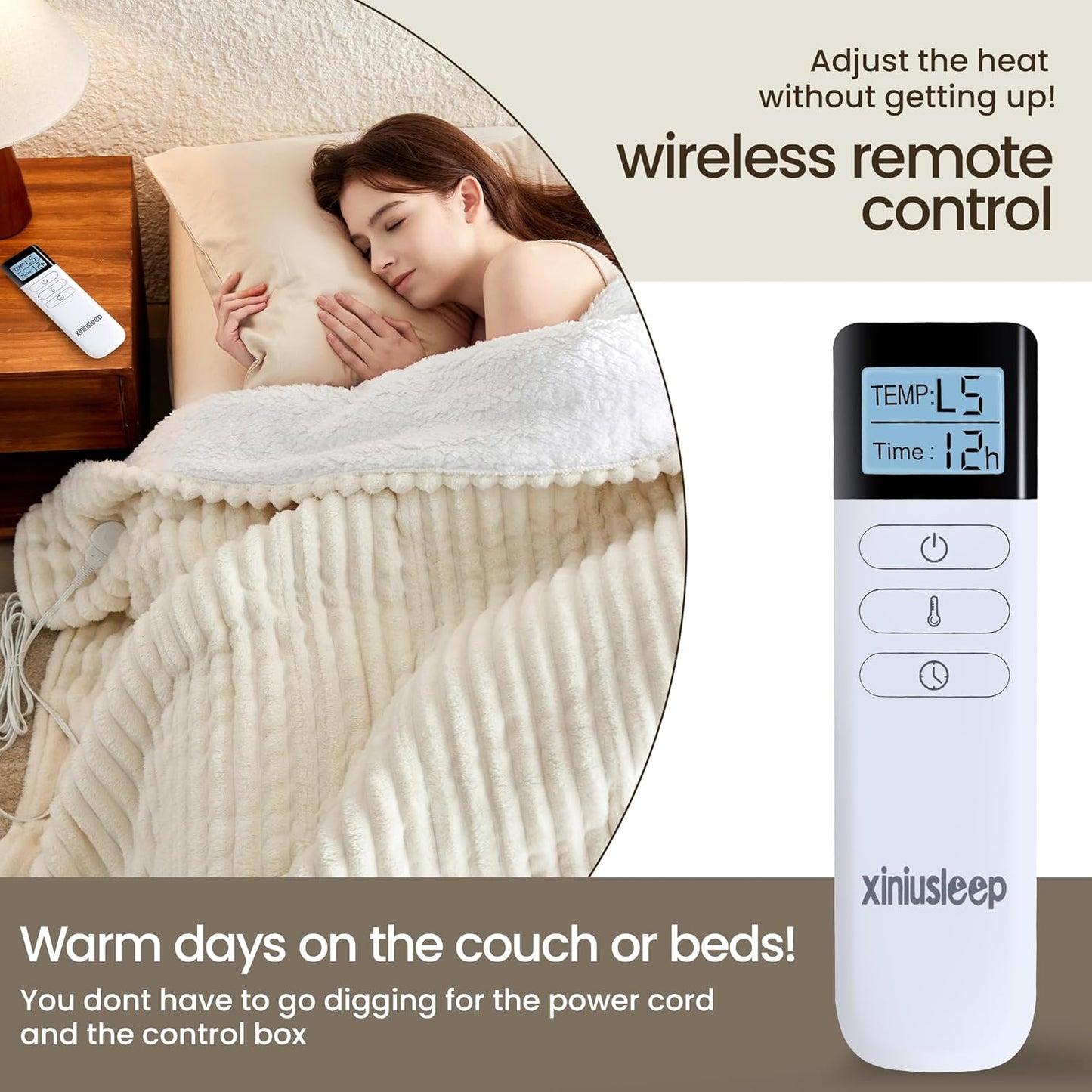 Heated Blanket Electric Blanket 90"x90", Soft Flannel Sherpa Electric Throw with 5 Heating Level & 12 Times Setting, Heated Throw with Overheating Protection, Machine Washable (Beige)