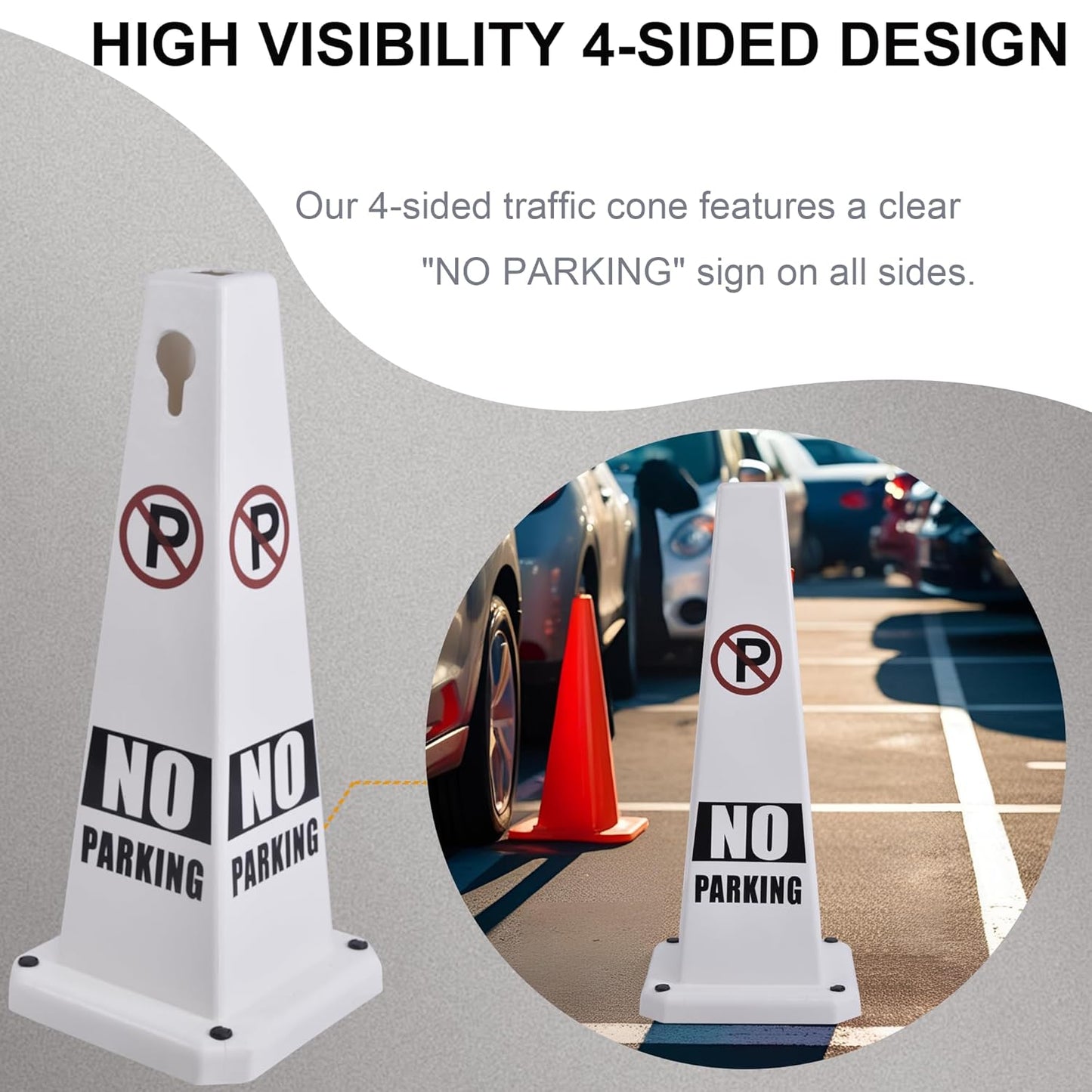 OrangeStar 8-Pack No Parking Cones, 4-Sided Message Safety Traffic Cones with Heavy Rubber Base for Indoor/Outdoor Use, White
