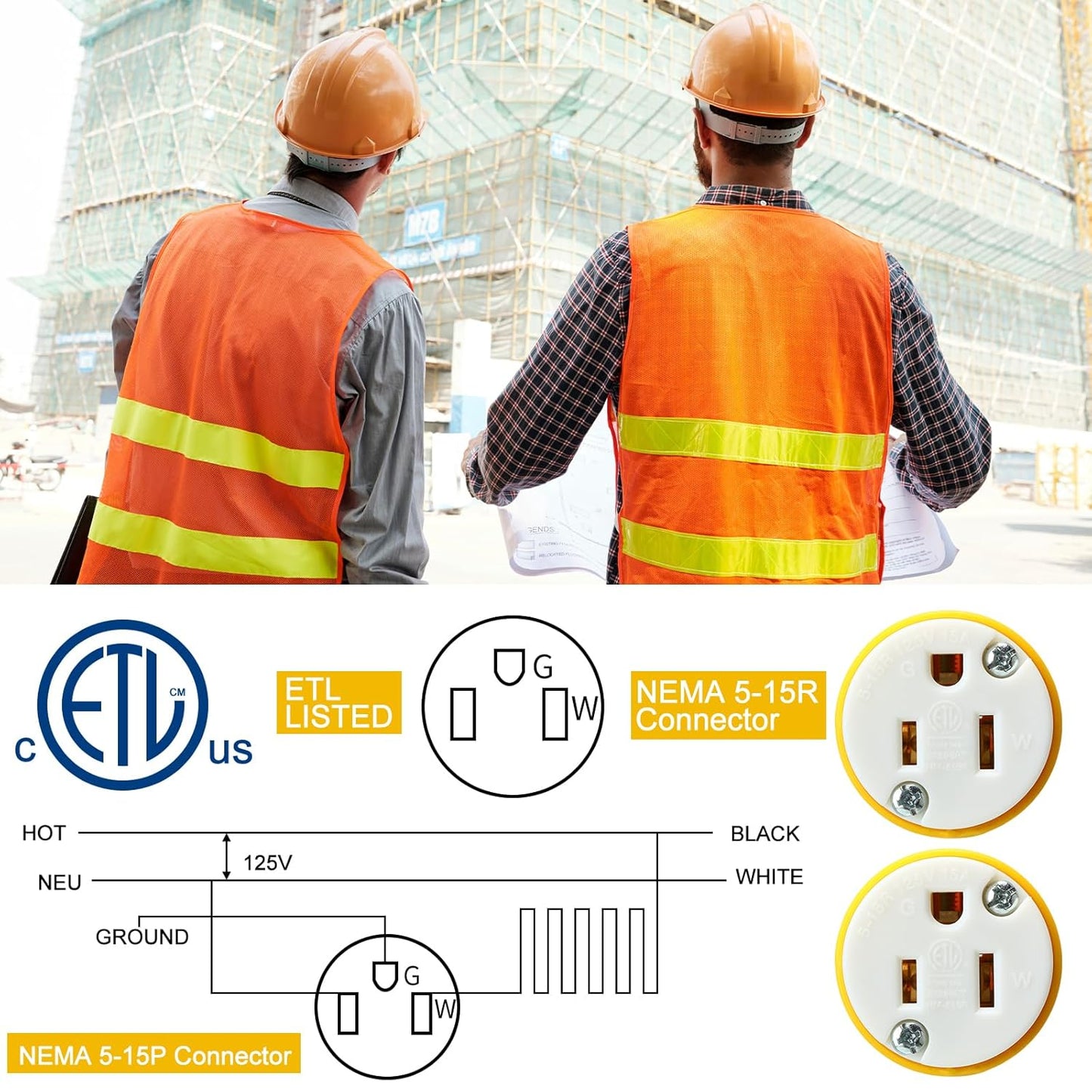 Sherr 16 Pcs Extension Cord Ends 15A 125V 2 Pole 3 Wire Heavy Duty Replacement Male Plug Female Connector Set 5-15P 5-15R Straight Blade Plug Grounding Type/ETL Listed (Female)