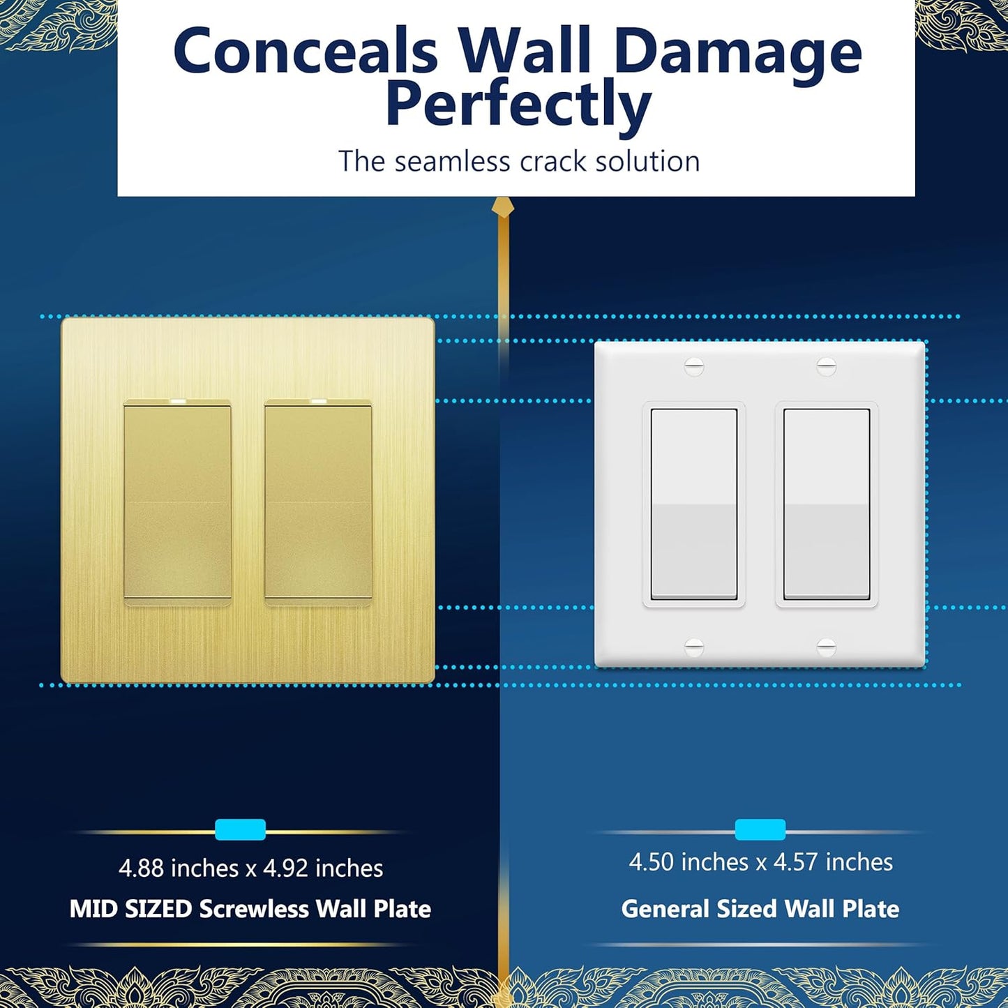 LIDER Matte Finish Decorator Switch Cover, Screwless Wall Plate, Mid-Size 2-Gang 4.88" x 4.92", Unbreakable Polycarbonate Thermoplastic, UL Listed, LSWP-32M-GD, Gold