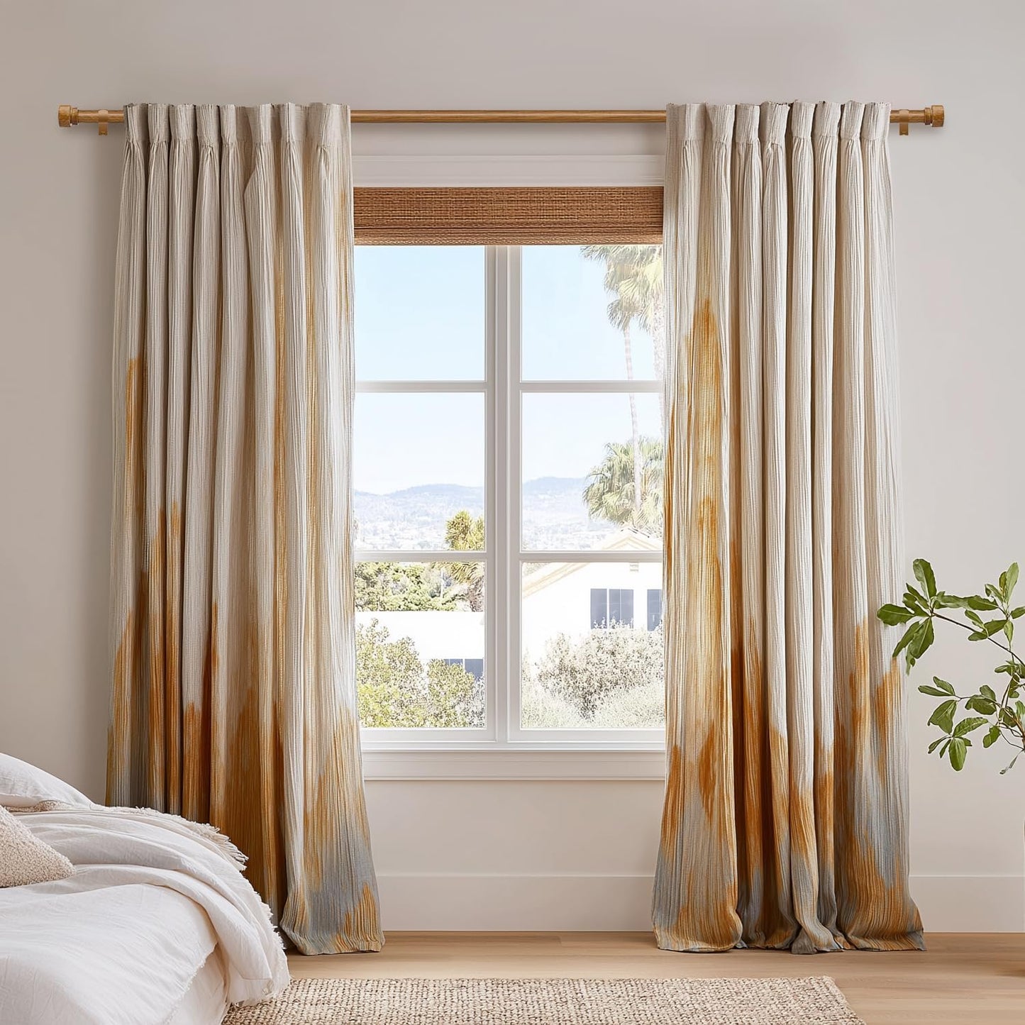 Wood Curtain Rods for Windows 66 to 120 Inches 1" Diameter Boho Decorative Heavy Duty Long Window Curtain Rod Adjustable with Solid Imitation Wood Grain Finials for Living Room Bedroom Kitchen
