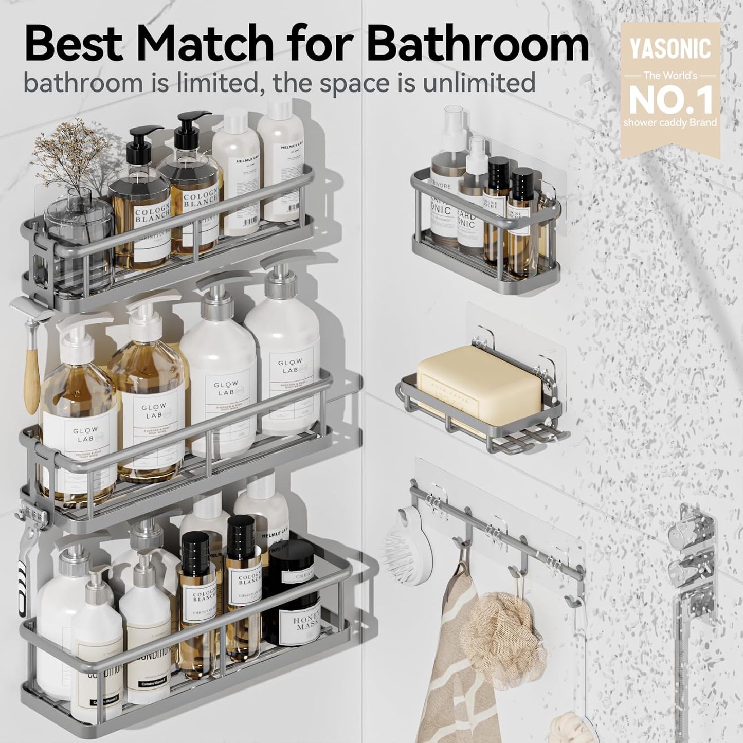 YASONIC Shower Caddy, 6 Pack Large Capacity shower Organizer with Soap Holder and 12 Hooks, Rustproof Shower Shelves for Inside Shower, No Drilling&Sleek Bathroom Organizers and Storage Grey