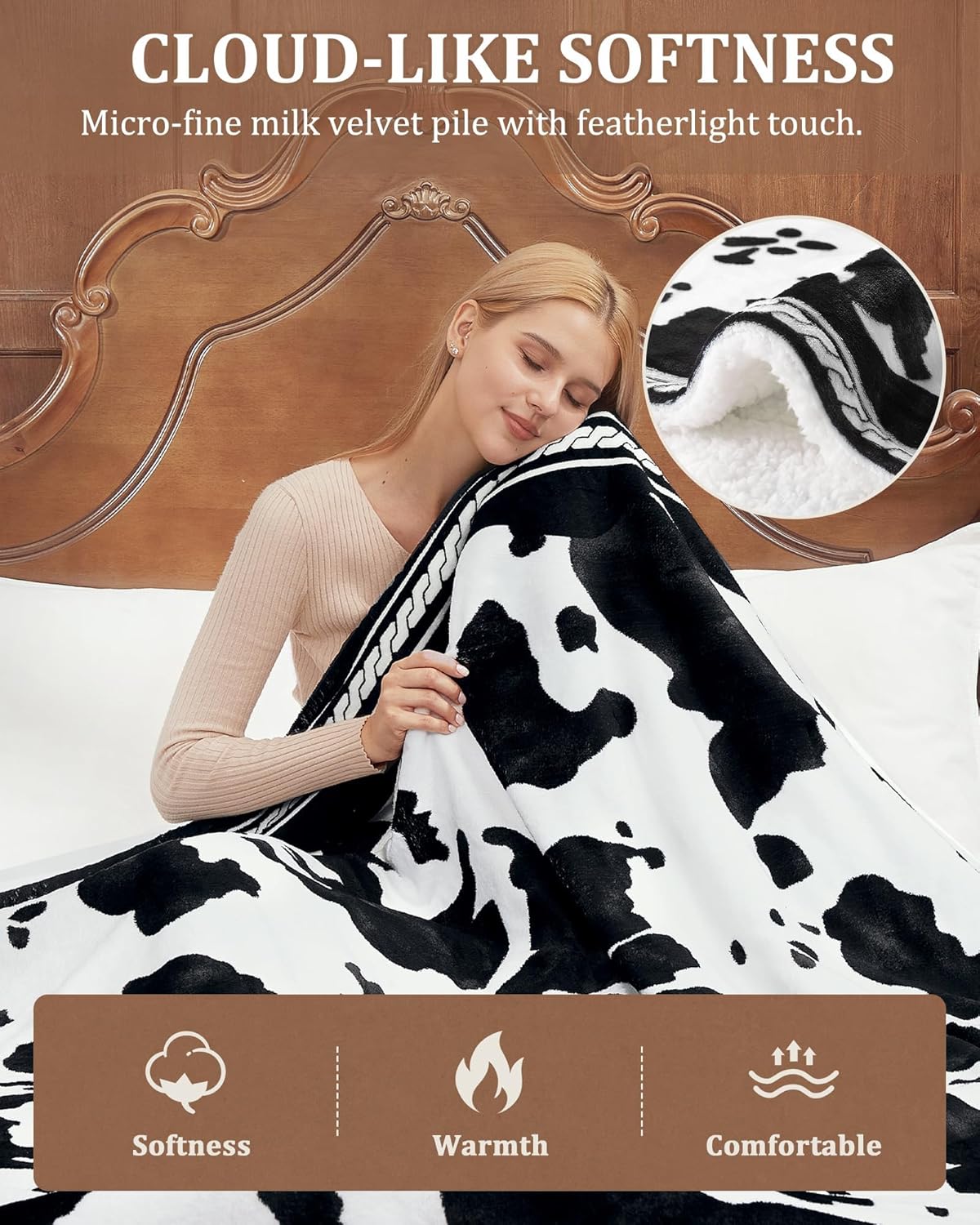 CAROMIO Heated Electric Blanket Twin Size, Cow Print Fast Heating Throw Blankets with LCD Controller, 10 Heat Levels & 1-12H Time Settings Auto Off, ETL Certified, Black White, 62" x 84"