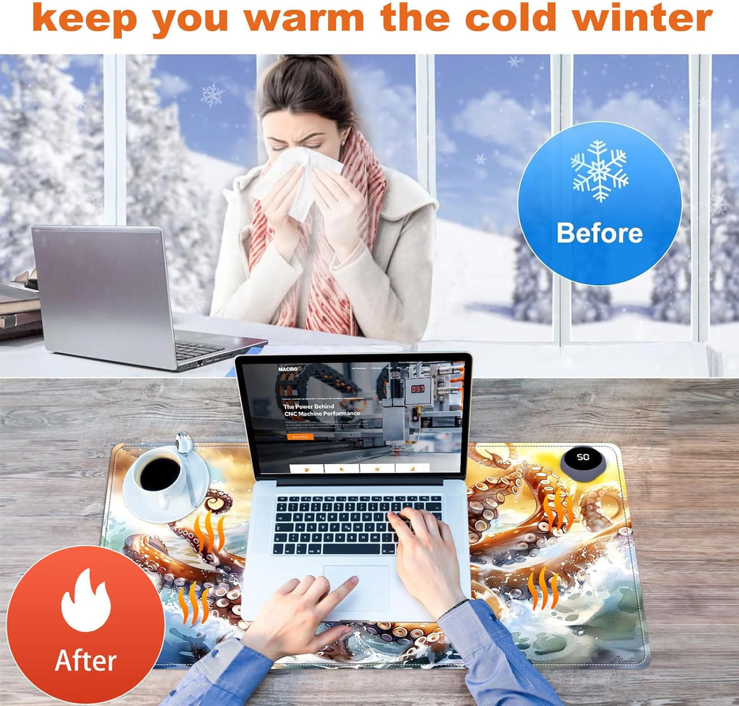 Heated Mouse Pad for Desk 31.5" x 13" – PU Leather Warm Desk Pad with 3 Heat Levels (104°F/113°F/122°F), Plug-in Electric Heating Mat with Auto Shut-Off, Waterproof & Rollable, Ocean Octopus