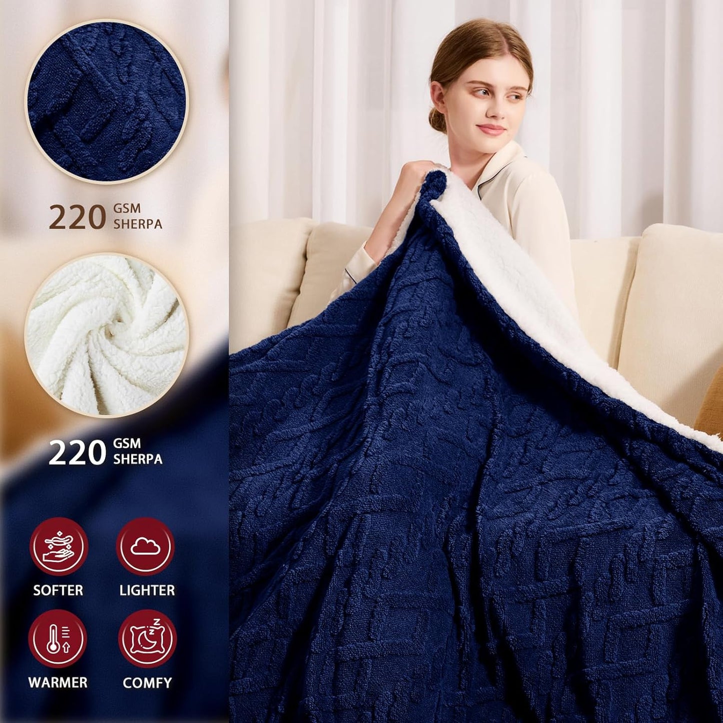 Heated Electric Blanket Twin Size-62"x84" Heating Blanket with 10 Heating Levels & 5 Time Settings Over-Heat Protection，Winter Warmer for Adults with ETL Certification（Navy Blue）