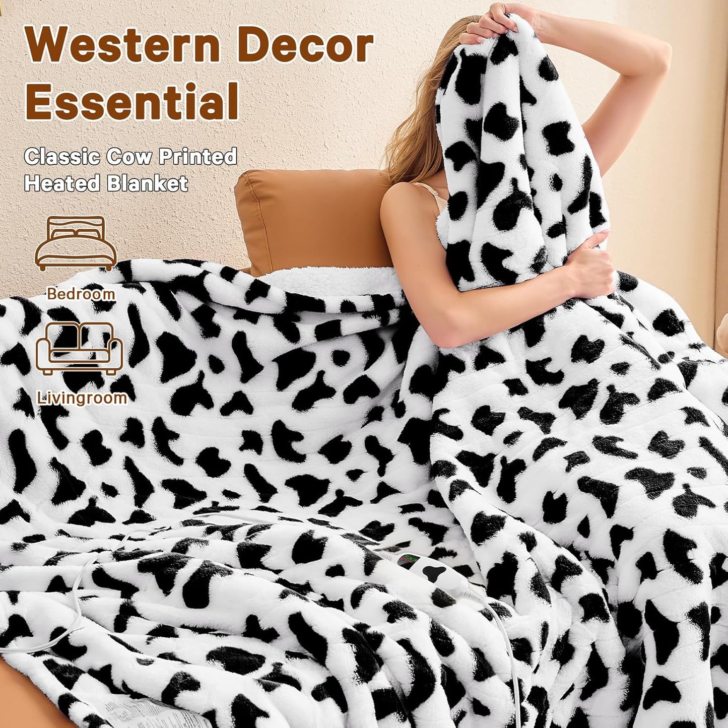 Cow Print Heated Electric Blanket Twin,62X84 Black Heating Blanket with 10 Heats Levels & 8 Hours Auto Off,Cute Cow Decor Fleece Sherpa Blankets Warmer Gifts for Women Couch Office,Washable