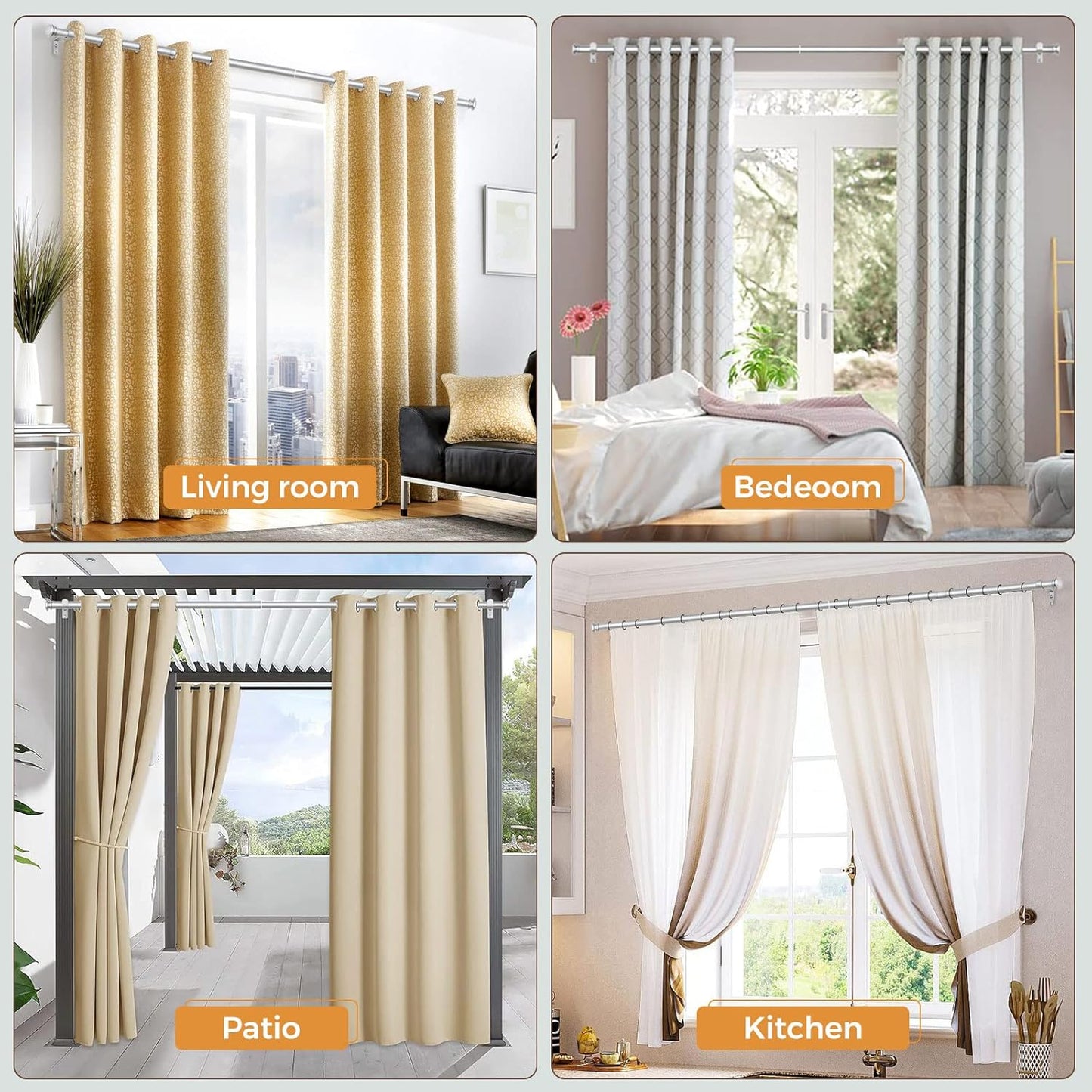 TONIAL Curtain Rod 32 to 86 Inch(2.6-7.2ft), Telescoping Splicing 3/4 Drapery Rods for Windows 54 to 82 Inch(4.5-6.8ft) with Small Cap Finial, Silver