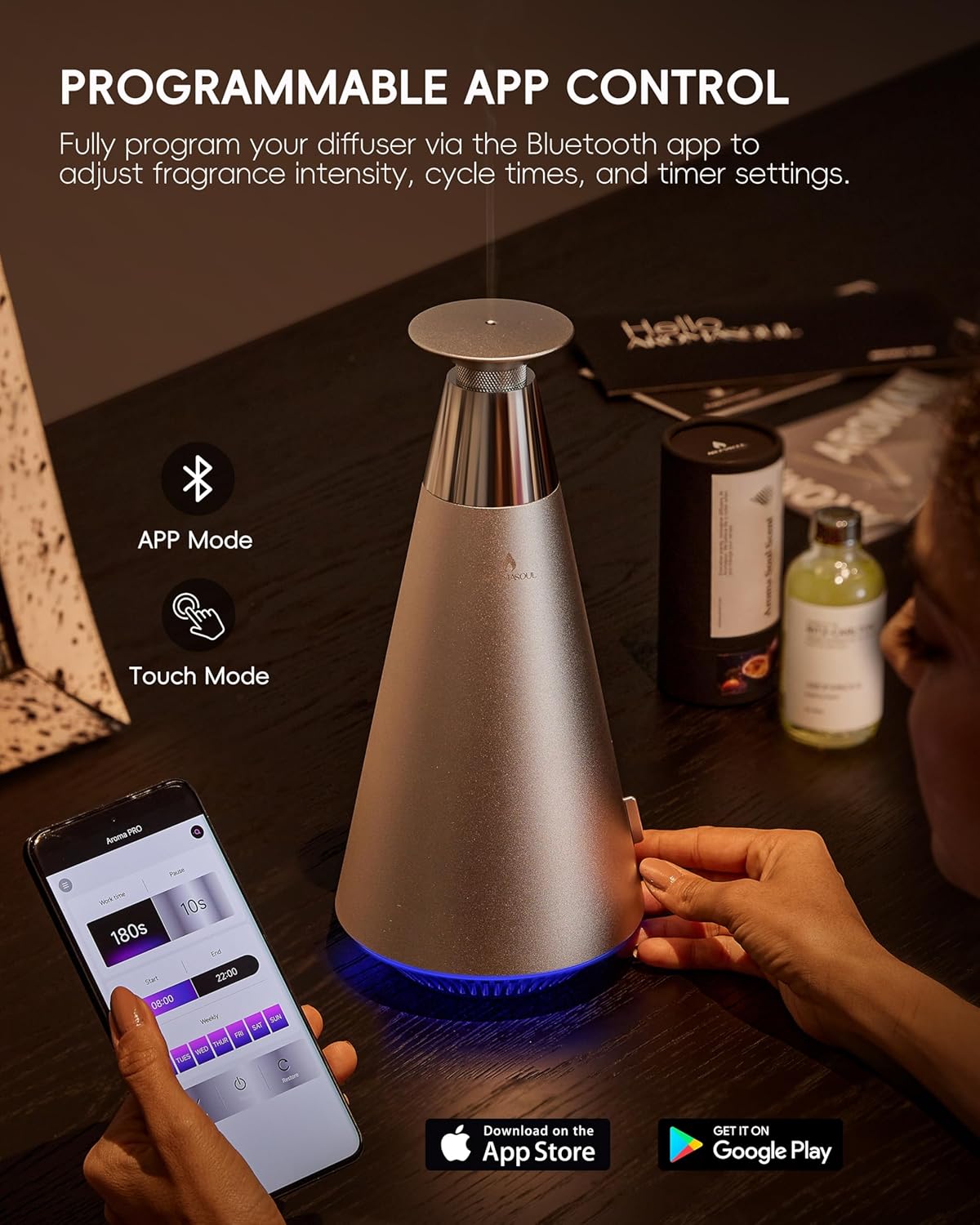 Waterless Scent Diffuser Starter Kit - 1500 Sq Ft Coverage, Alloy Atomization System,Mood Light,Smart Rechargeable Hotel Scent Diffuser, Including 120ml Essential Oil, for Home,Large Room,Spa,Silver