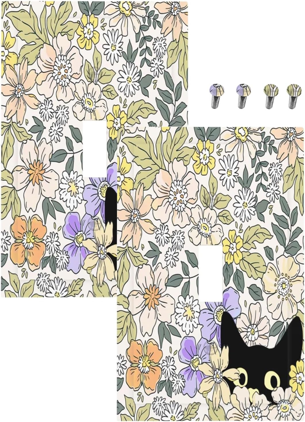 Decorative Light Switch Plate Covers Cute Black Cat in a Flower Patch Botanical Garden 1 Gang Wall Plate Single Toggle Light Switch Covers Artistic Faceplate for Bedroom Decor（2 Pack）