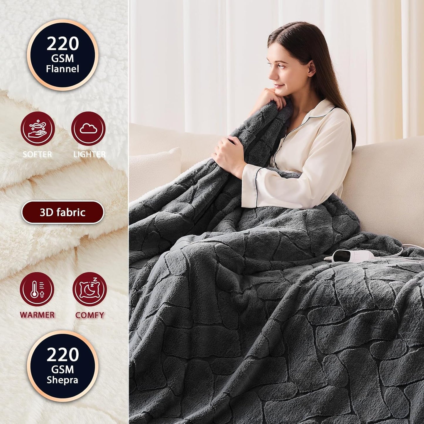 Heated Electric Blanket- Electric Throw Blanket 84"x90" for Bed- Heated Blanket with 5 Heating Levels& 4 Hours Auto Off for Couch Home Office - Soft Faux Fur Heating Blanket for Full Body(Grey)