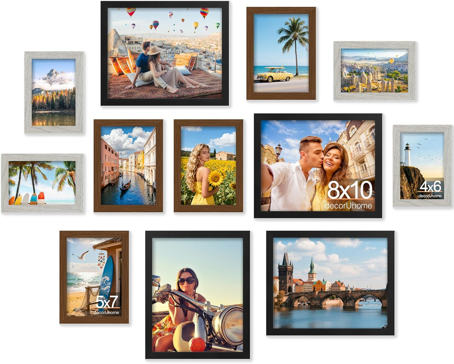 decorUhome Assorted Picture Frames Collage Wall Decor for Photo Gallery Display Set of 12 Including Four 8x10 / Four 5x7 / Four 4x6 for Family Wall Decor, Black/Brown/Grey, 12 Pack